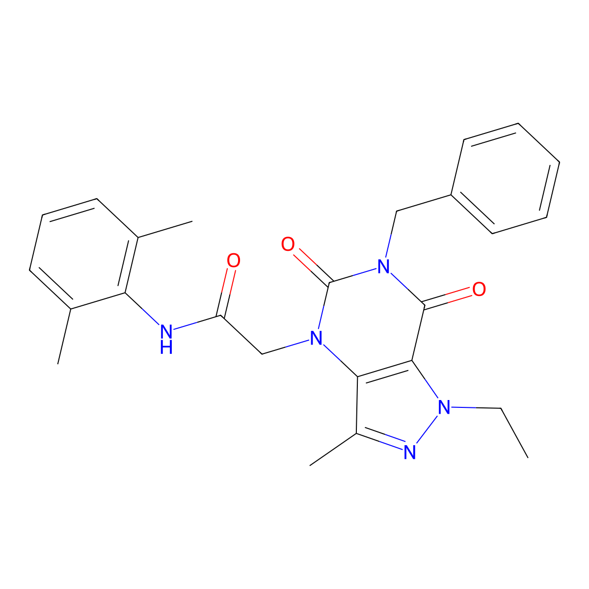 2-(6-benzyl-1-ethyl-3-methyl-5,7-dioxo-6,7-dihydro-1H-pyrazolo[4,3-d]pyrimidin-4(5H)-yl)-N-(2,6-dimethylphenyl)acetamide molecular structure, CAS 1358053-56-1
