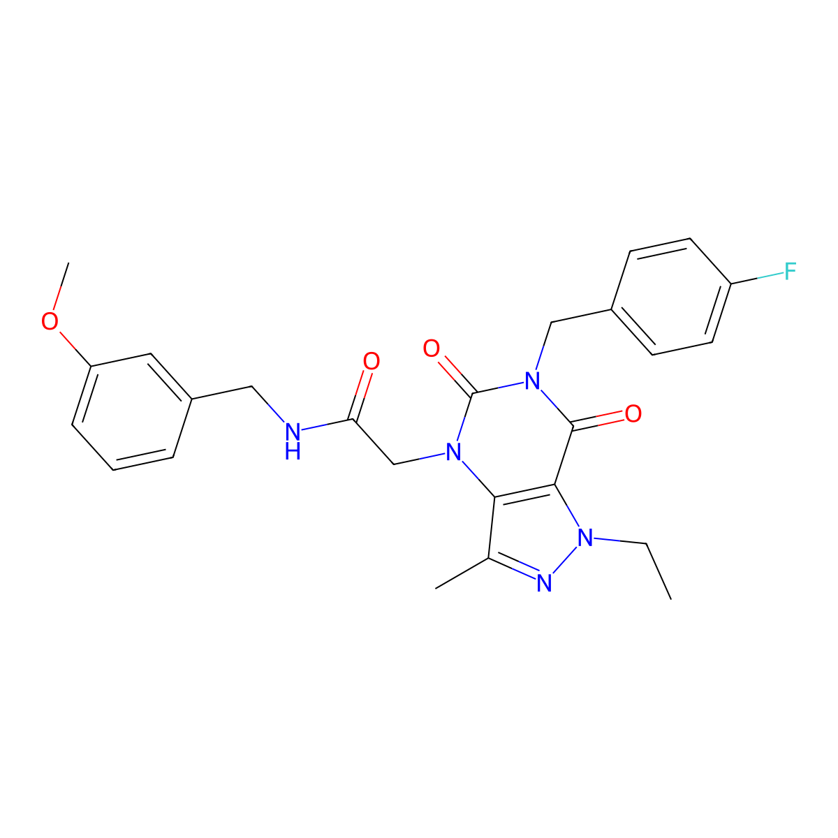 2-(1-ethyl-6-(4-fluorobenzyl)-3-methyl-5,7-dioxo-6,7-dihydro-1H-pyrazolo[4,3-d]pyrimidin-4(5H)-yl)-N-(3-methoxybenzyl)acetamide molecular structure, CAS 1358053-97-0