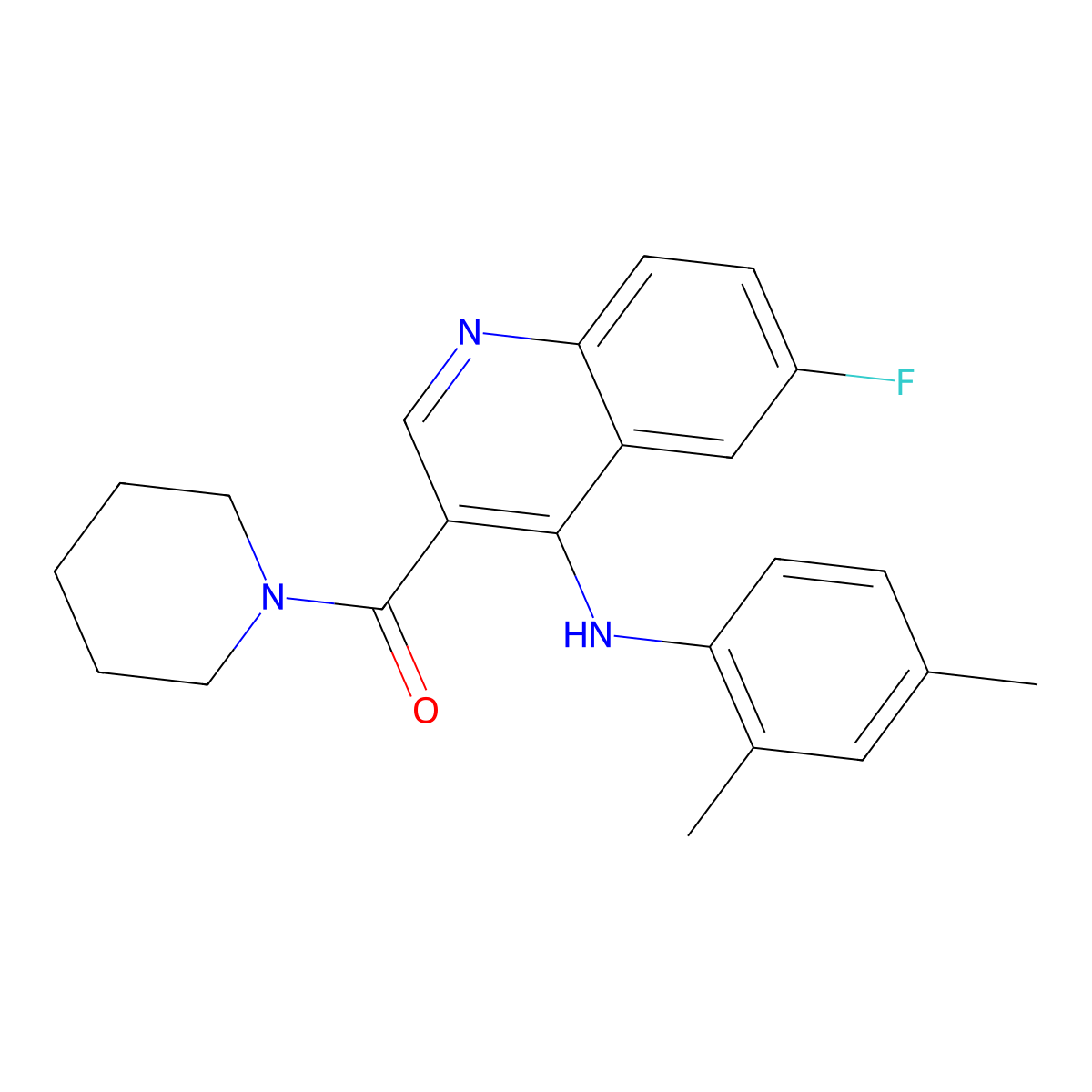 (4-((2,4-Dimethylphenyl)amino)-6-fluoroquinolin-3-yl)(piperidin-1-yl)methanone molecular structure, CAS 1358054-75-7