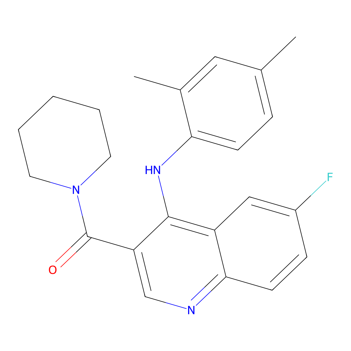 (4-((2,4-Dimethylphenyl)amino)-6-fluoroquinolin-3-yl)(piperidin-1-yl)methanone molecular structure, CAS 1358054-75-7