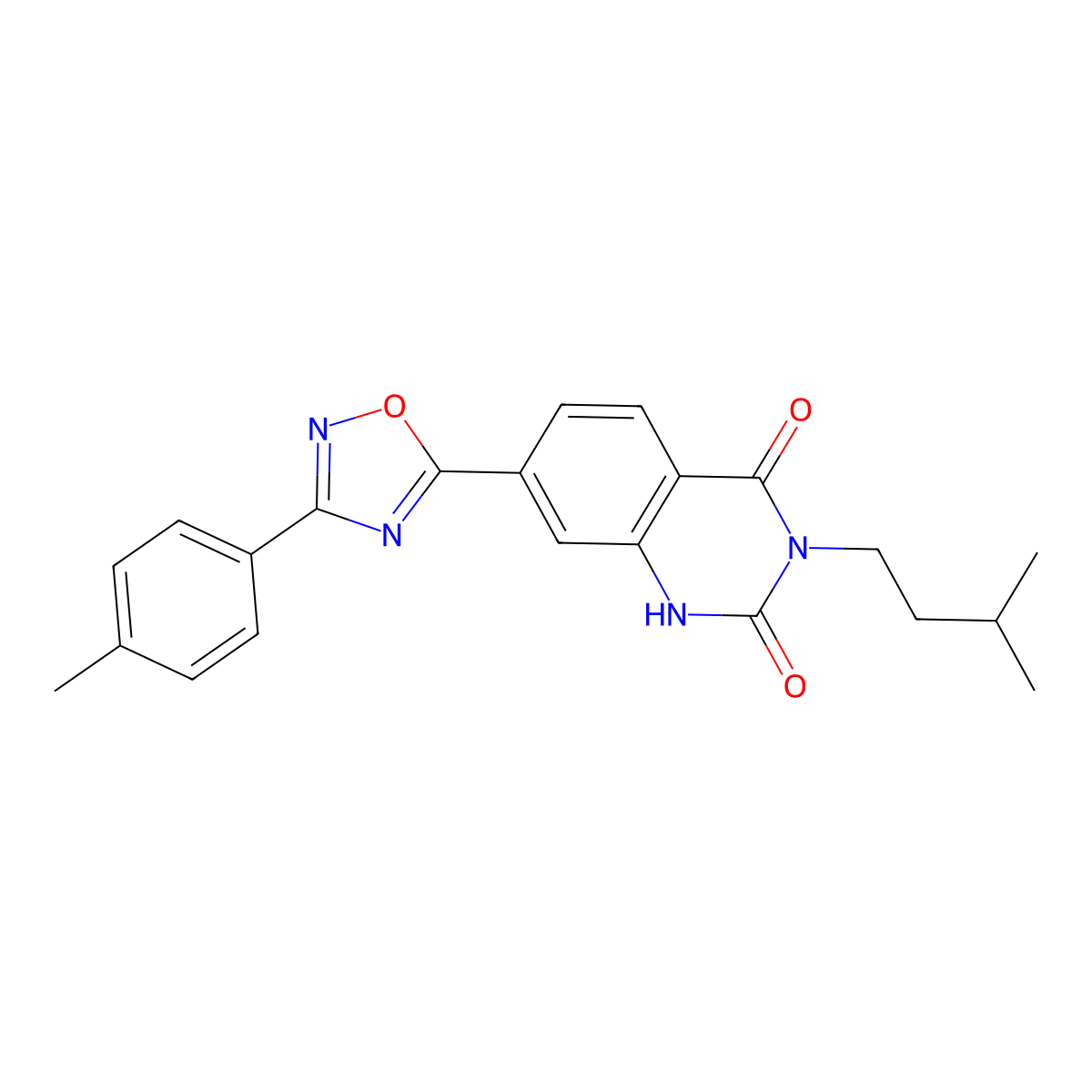 3-isopentyl-7-(3-(p-tolyl)-1,2,4-oxadiazol-5-yl)quinazoline-2,4(1H,3H)-dione molecular structure, CAS 1358056-58-2