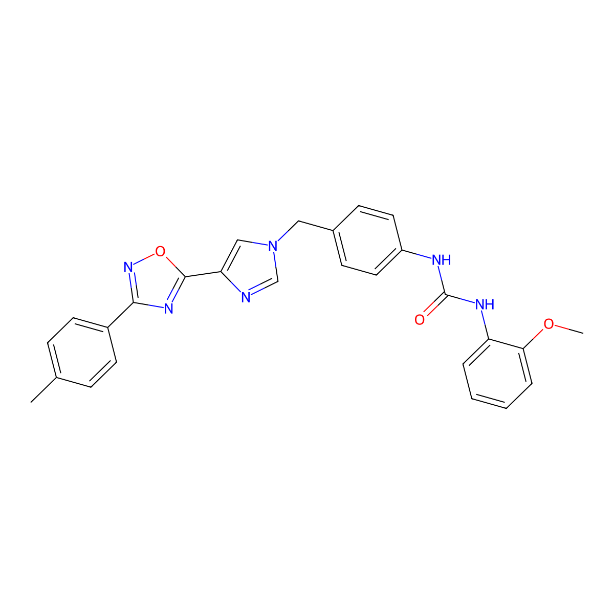1-(2-methoxyphenyl)-3-(4-((4-(3-(p-tolyl)-1,2,4-oxadiazol-5-yl)-1H-imidazol-1-yl)methyl)phenyl)urea molecular structure, CAS 1358058-08-8