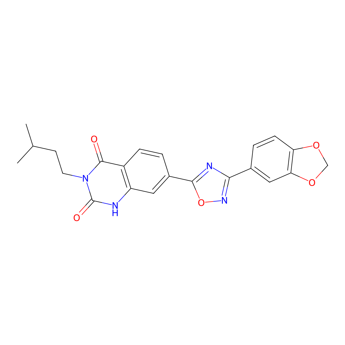 7-(3-(benzo[d][1,3]dioxol-5-yl)-1,2,4-oxadiazol-5-yl)-3-isopentylquinazoline-2,4(1H,3H)-dione molecular structure, CAS 1358058-43-1