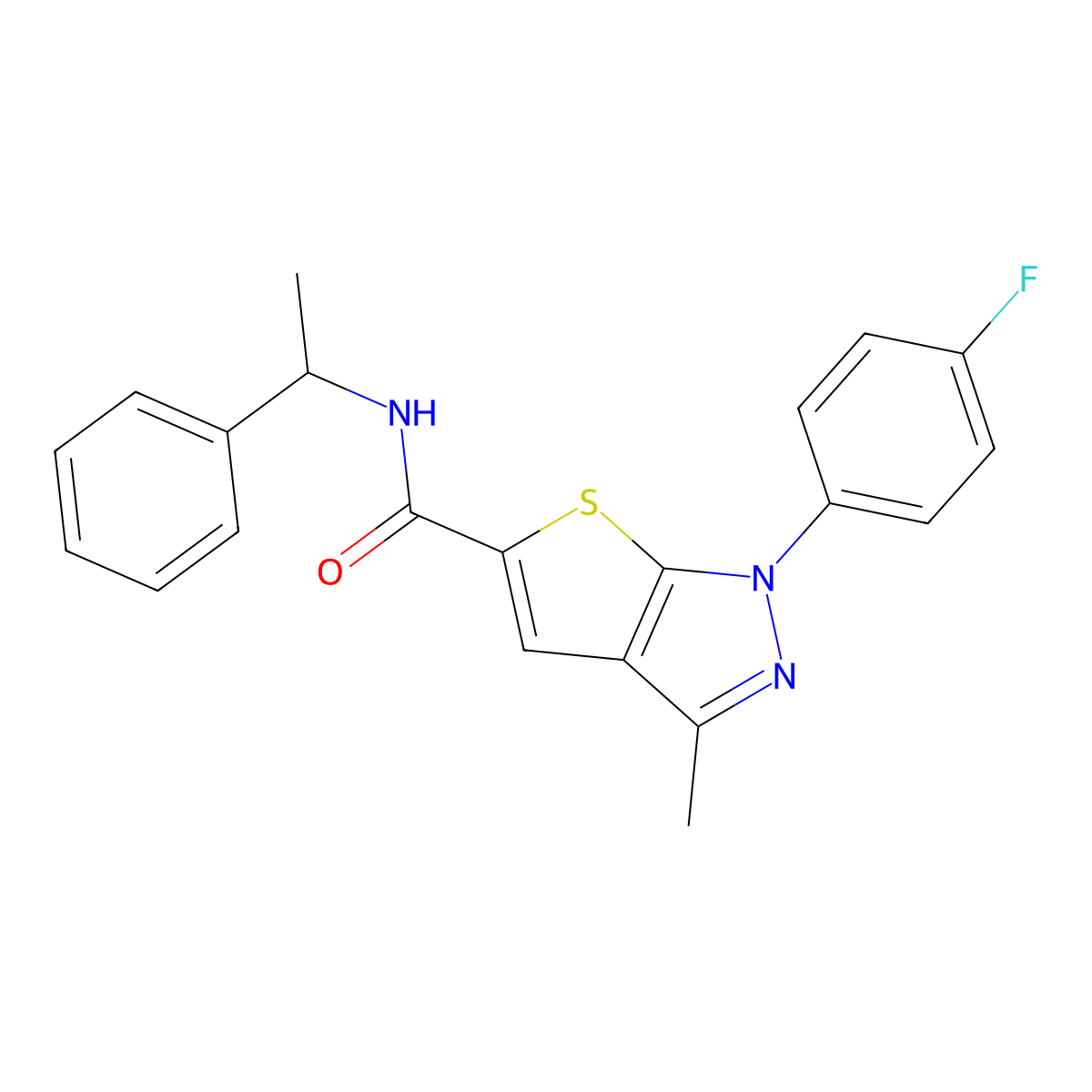 1-(4-fluorophenyl)-3-methyl-N-(1-phenylethyl)-1H-thieno[2,3-c]pyrazole-5-carboxamide molecular structure, CAS 1358061-40-1