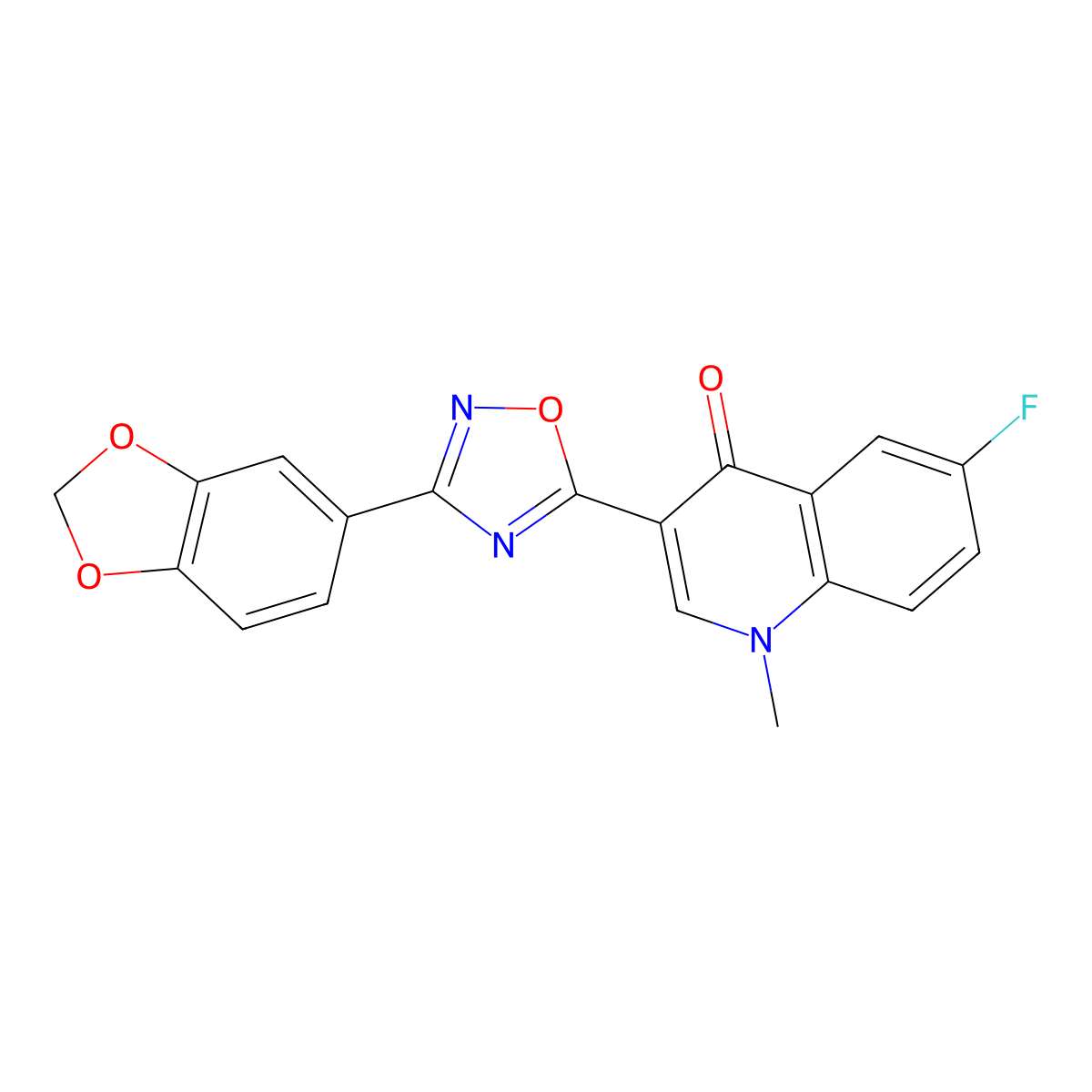 3-(3-(benzo[d][1,3]dioxol-5-yl)-1,2,4-oxadiazol-5-yl)-6-fluoro-1-methylquinolin-4(1H)-one molecular structure, CAS 1358070-12-8