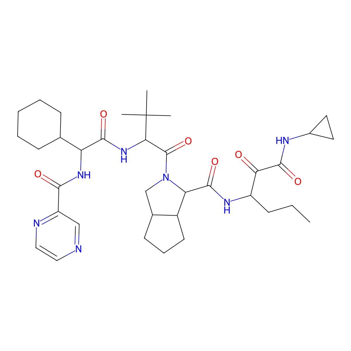 (1S,3aR,6aS)-2-((R)-2-((R)-2-cyclohexyl-2-(pyrazine-2-carboxamido)acetamido)-3,3-dimethylbutanoyl)-N-((S)-1-(cyclopropylamino)-1,2-dioxohexan-3-yl)octahydrocyclopenta[c]pyrrole-1-carboxamide molecular structure, CAS 1358070-37-7