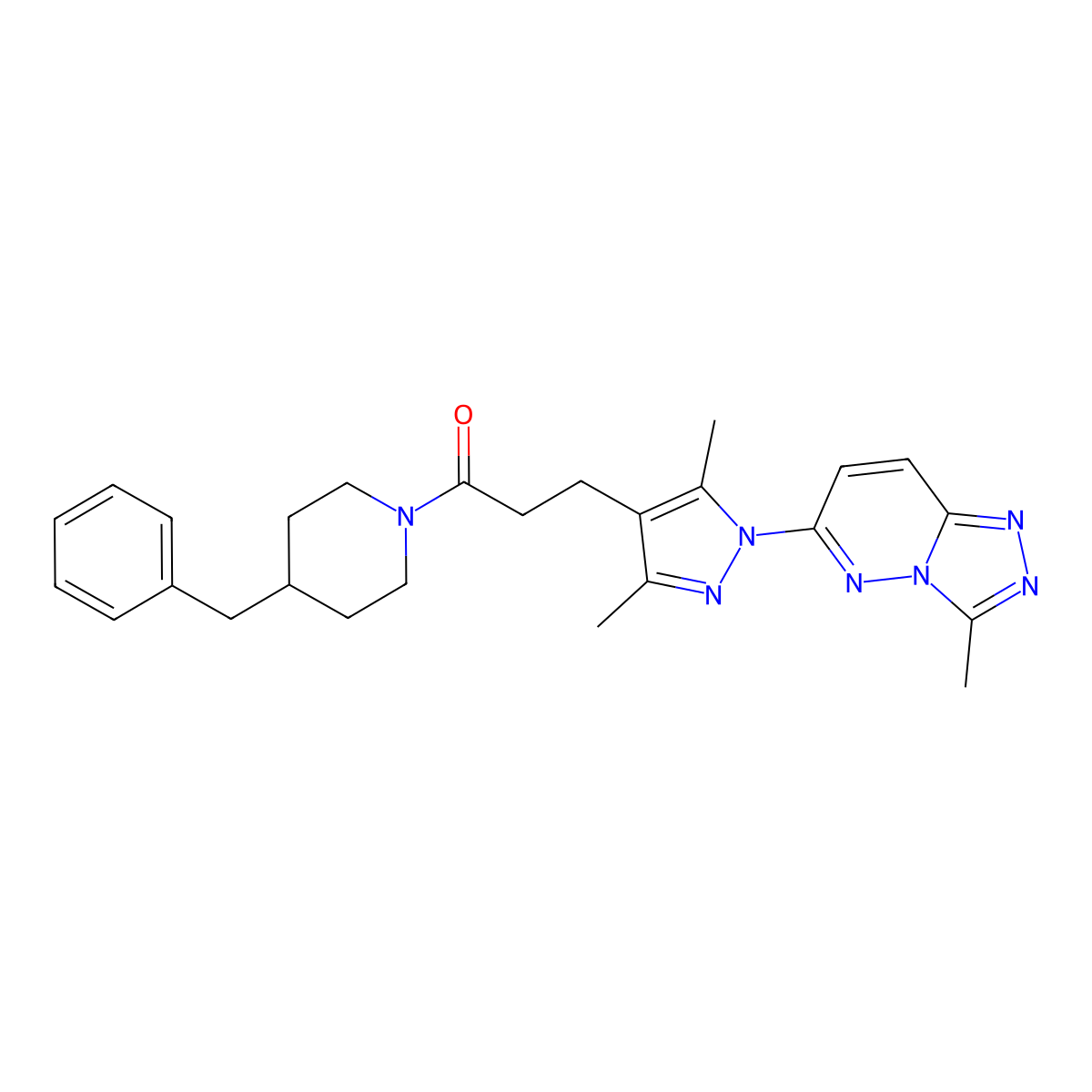 1-(4-Benzylpiperidin-1-yl)-3-(3,5-dimethyl-1-(3-methyl-[1,2,4]triazolo[4,3-b]pyridazin-6-yl)-1H-pyrazol-4-yl)propan-1-one molecular structure, CAS 1358099-18-9
