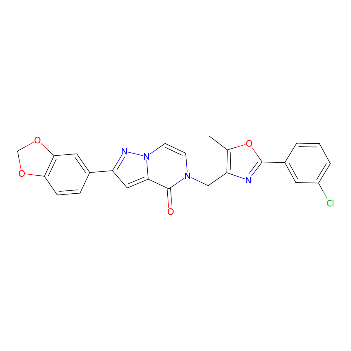 2-(benzo[d][1,3]dioxol-5-yl)-5-((2-(3-chlorophenyl)-5-methyloxazol-4-yl)methyl)pyrazolo[1,5-a]pyrazin-4(5H)-one molecular structure, CAS 1358102-00-7