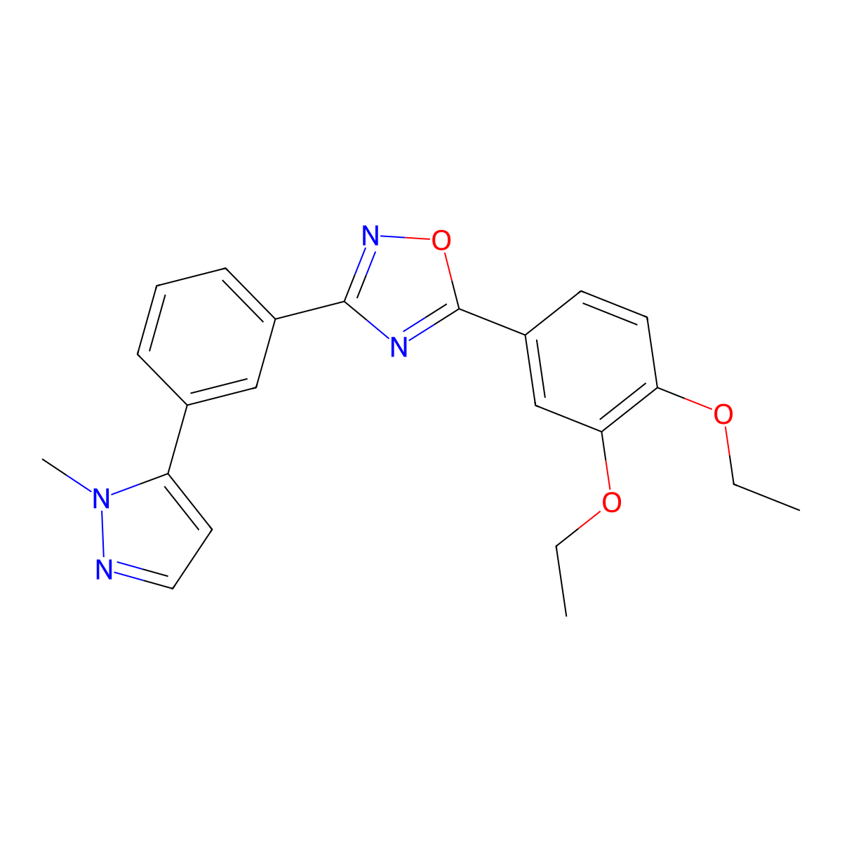 5-(3,4-diethoxyphenyl)-3-(3-(1-methyl-1H-pyrazol-5-yl)phenyl)-1,2,4-oxadiazole molecular structure, CAS 1358107-75-1