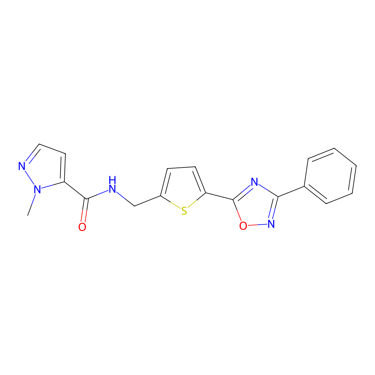 1-methyl-N-{[5-(3-phenyl-1,2,4-oxadiazol-5-yl)-2-thienyl]methyl}-1H-pyrazole-5-carboxamide molecular structure, CAS 1358110-95-8
