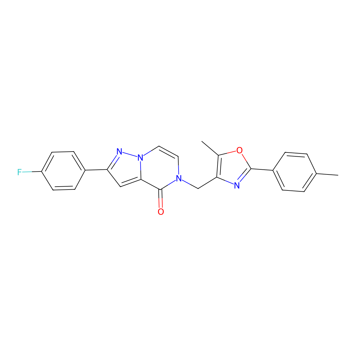2-(4-fluorophenyl)-5-((5-methyl-2-(p-tolyl)oxazol-4-yl)methyl)pyrazolo[1,5-a]pyrazin-4(5H)-one molecular structure, CAS 1358200-77-7