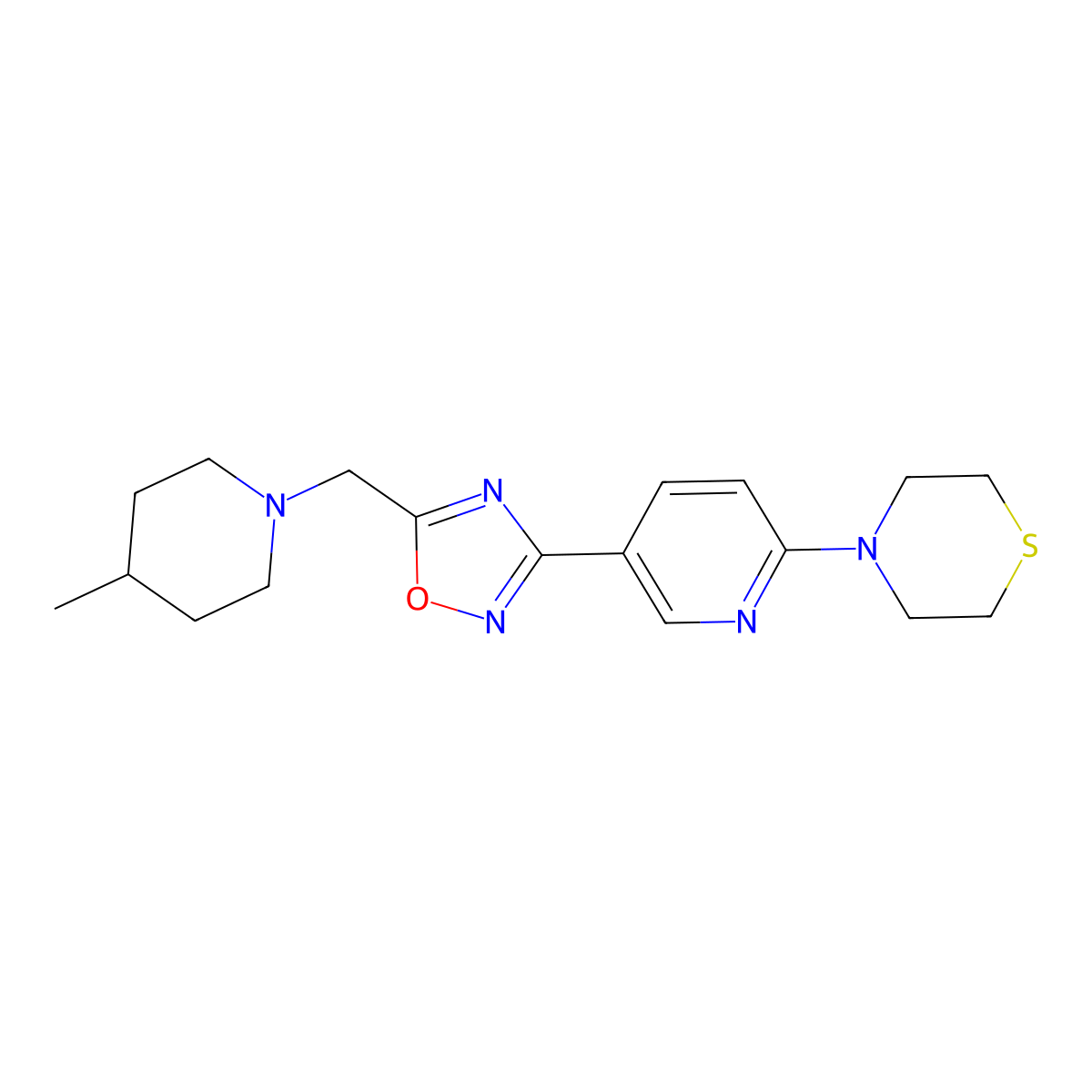 4-(5-{5-[(4-Methylpiperidin-1-yl)methyl]-1,2,4-oxadiazol-3-yl}pyridin-2-yl)thiomorpholine molecular structure, CAS 1358205-39-6