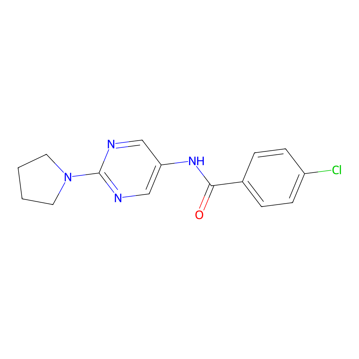 4-chloro-N-[2-(pyrrolidin-1-yl)pyrimidin-5-yl]benzamide molecular structure, CAS 1358205-74-9