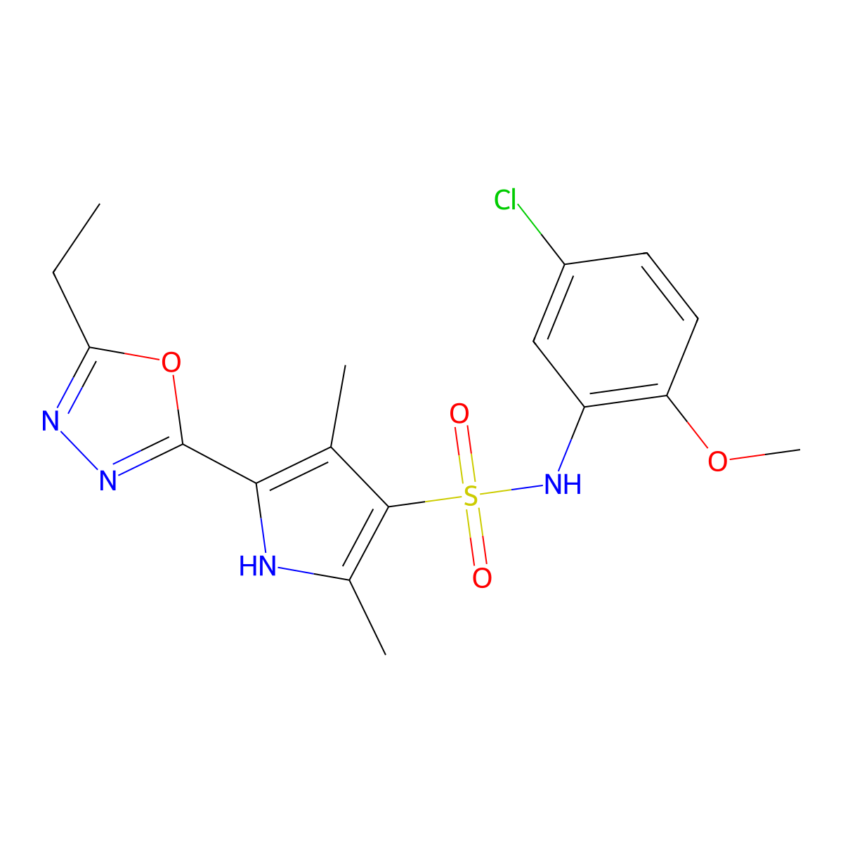 N-(5-chloro-2-methoxyphenyl)-5-(5-ethyl-1,3,4-oxadiazol-2-yl)-2,4-dimethyl-1H-pyrrole-3-sulfonamide molecular structure, CAS 1358224-03-9