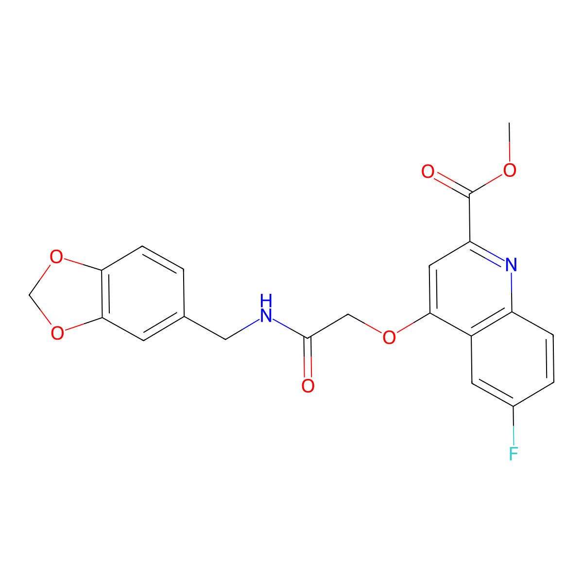 methyl 4-({[(2H-1,3-benzodioxol-5-yl)methyl]carbamoyl}methoxy)-6-fluoroquinoline-2-carboxylate molecular structure, CAS 1358224-52-8