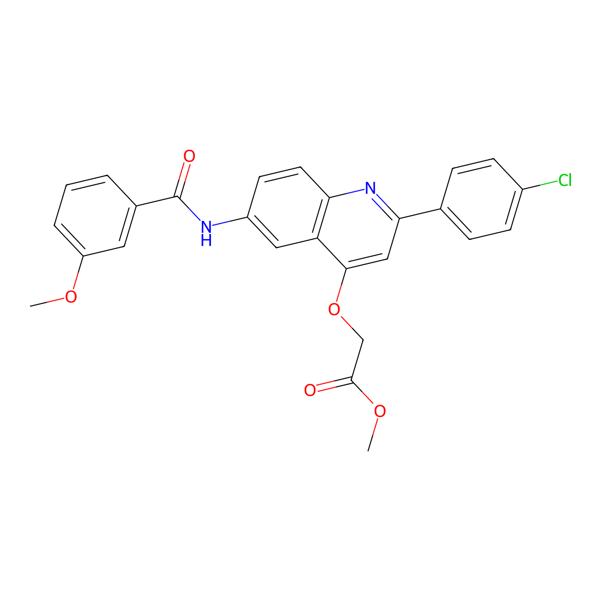 Methyl 2-((2-(4-chlorophenyl)-6-(3-methoxybenzamido)quinolin-4-yl)oxy)acetate molecular structure, CAS 1358226-28-4
