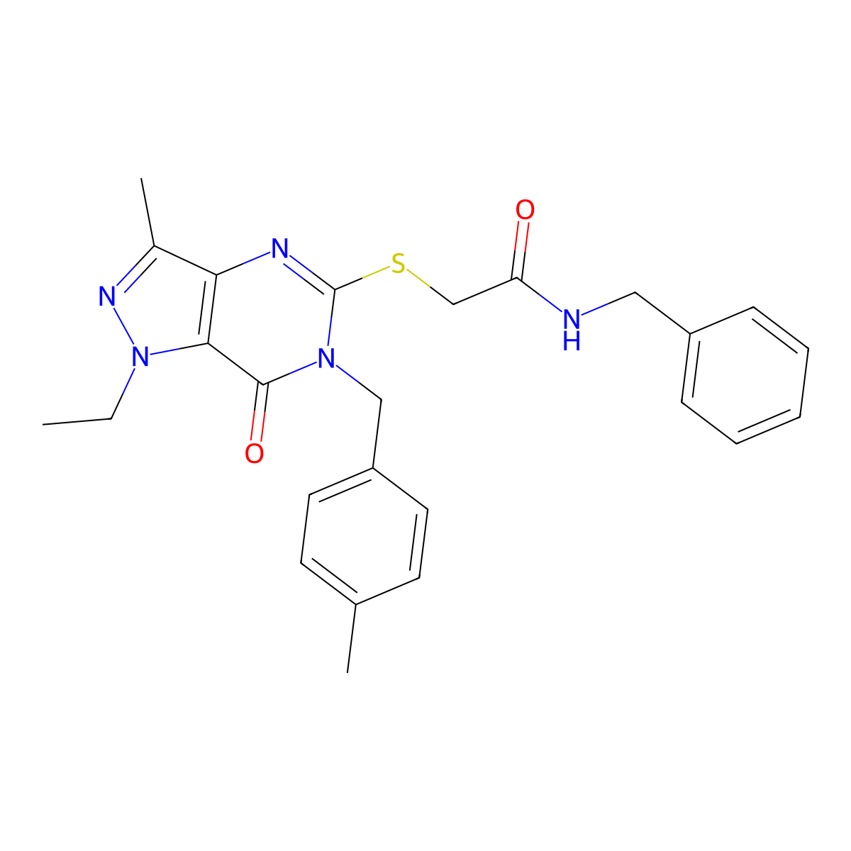 N-benzyl-2-({1-ethyl-3-methyl-6-[(4-methylphenyl)methyl]-7-oxo-1H,6H,7H-pyrazolo[4,3-d]pyrimidin-5-yl}sulfanyl)acetamide molecular structure, CAS 1358233-58-5