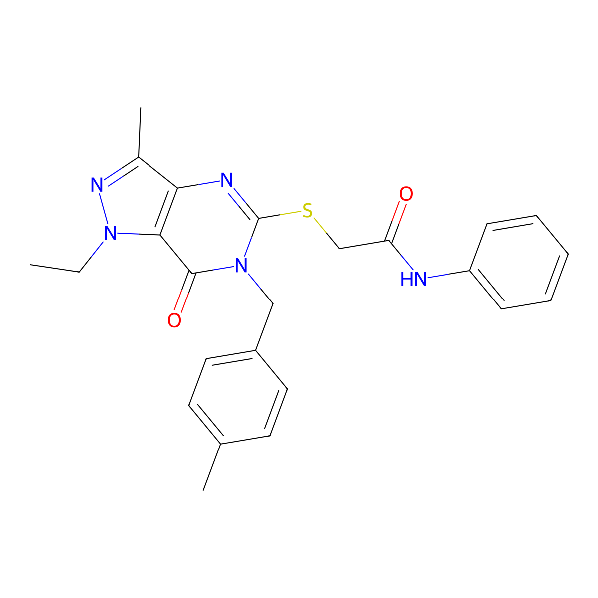 2-({1-ethyl-3-methyl-6-[(4-methylphenyl)methyl]-7-oxo-1H,6H,7H-pyrazolo[4,3-d]pyrimidin-5-yl}sulfanyl)-N-phenylacetamide molecular structure, CAS 1358233-81-4