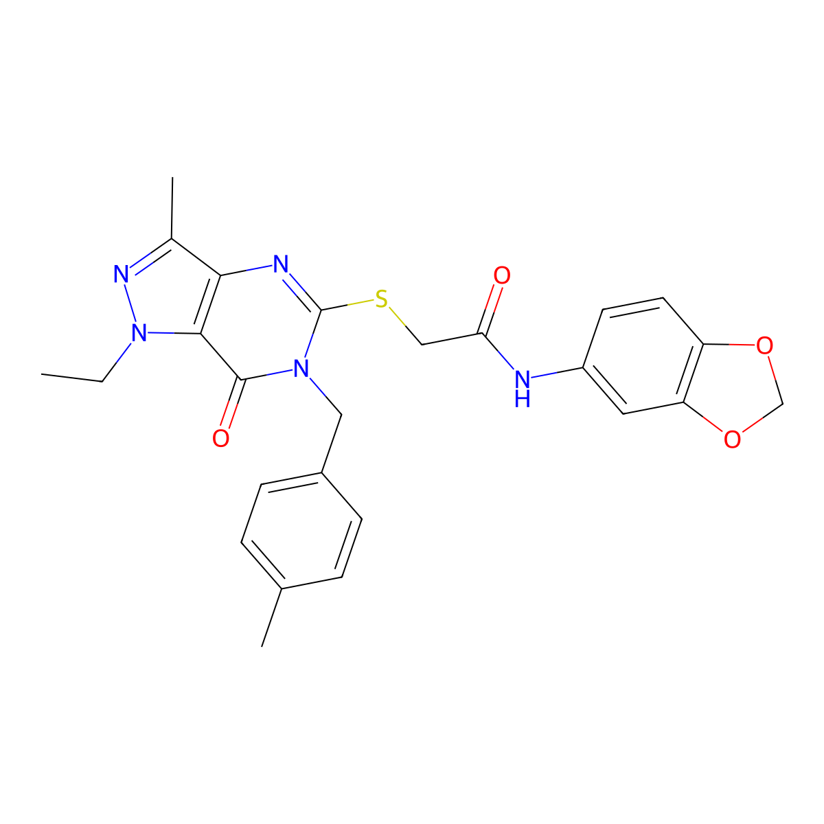 N-(benzo[d][1,3]dioxol-5-yl)-2-((1-ethyl-3-methyl-6-(4-methylbenzyl)-7-oxo-6,7-dihydro-1H-pyrazolo[4,3-d]pyrimidin-5-yl)thio)acetamide molecular structure, CAS 1358233-91-6