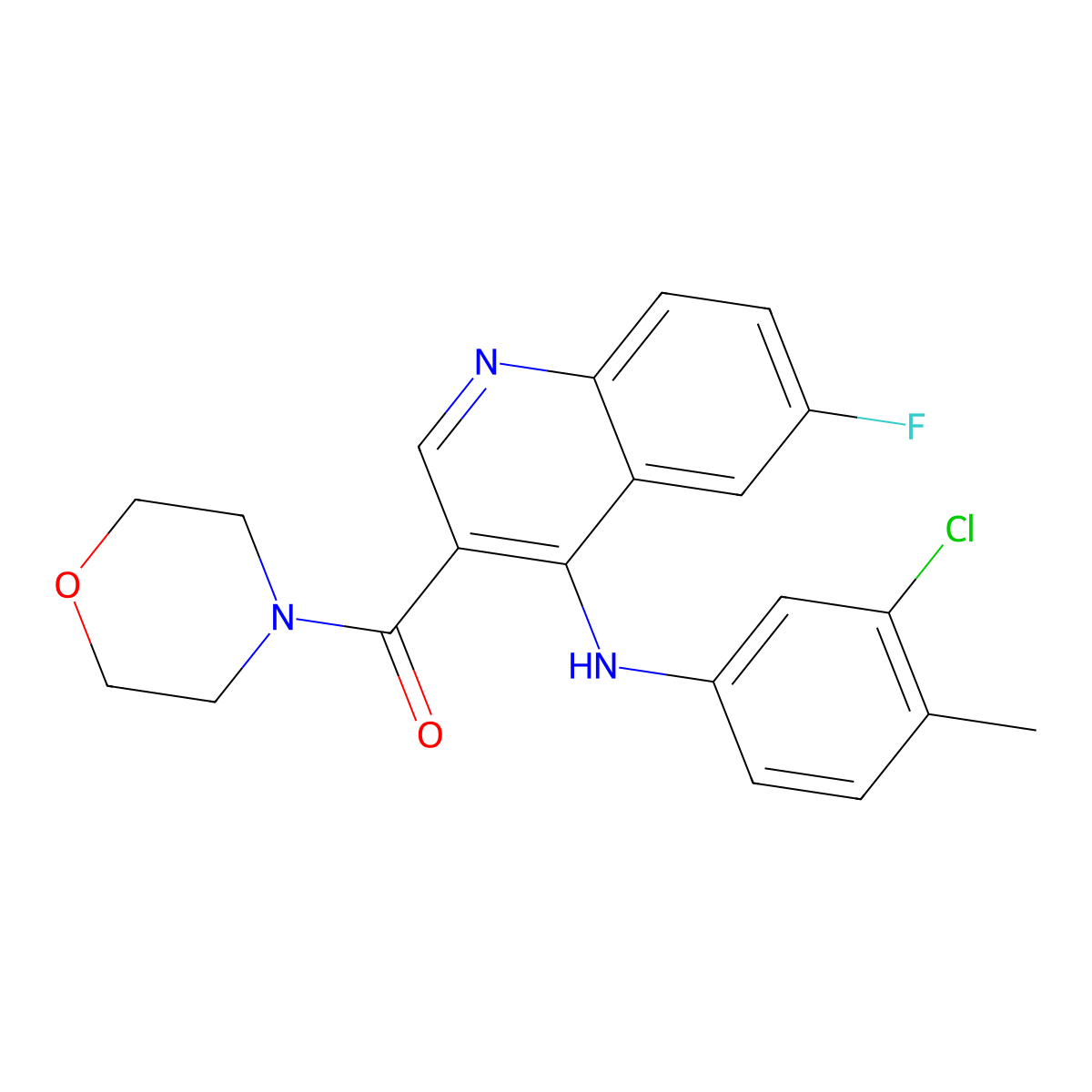 (4-((3-Chloro-4-methylphenyl)amino)-6-fluoroquinolin-3-yl)(morpholino)methanone molecular structure, CAS 1358236-17-5