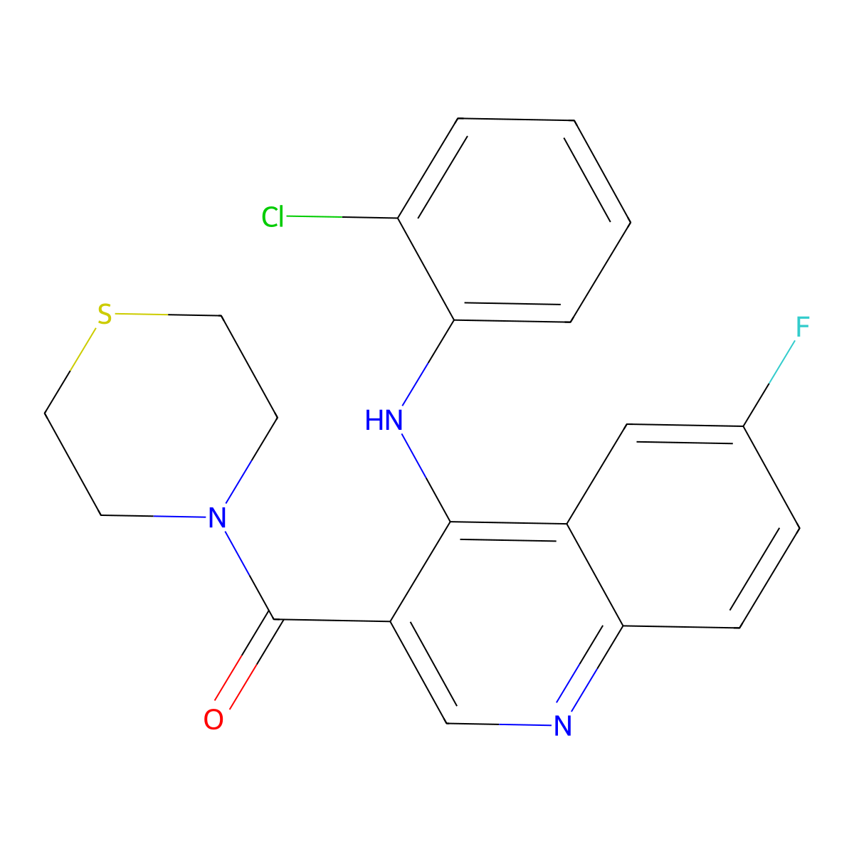 (4-((2-Chlorophenyl)amino)-6-fluoroquinolin-3-yl)(thiomorpholino)methanone molecular structure, CAS 1358236-21-1