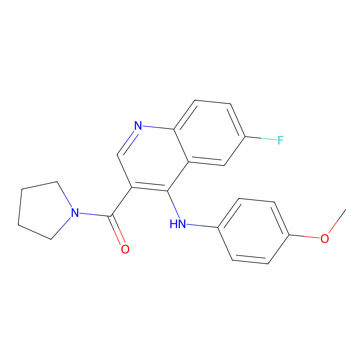 (6-Fluoro-4-((4-methoxyphenyl)amino)quinolin-3-yl)(pyrrolidin-1-yl)methanone molecular structure, CAS 1358236-37-9
