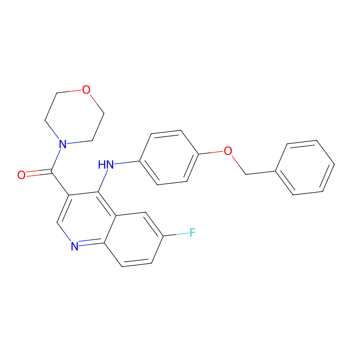 (4-((4-(Benzyloxy)phenyl)amino)-6-fluoroquinolin-3-yl)(morpholino)methanone molecular structure, CAS 1358236-54-0