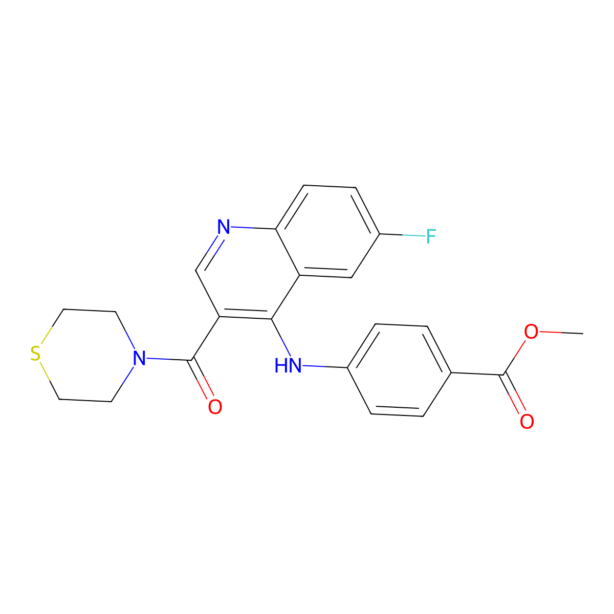 Methyl 4-{[6-fluoro-3-(thiomorpholine-4-carbonyl)quinolin-4-YL]amino}benzoate molecular structure, CAS 1358236-70-0