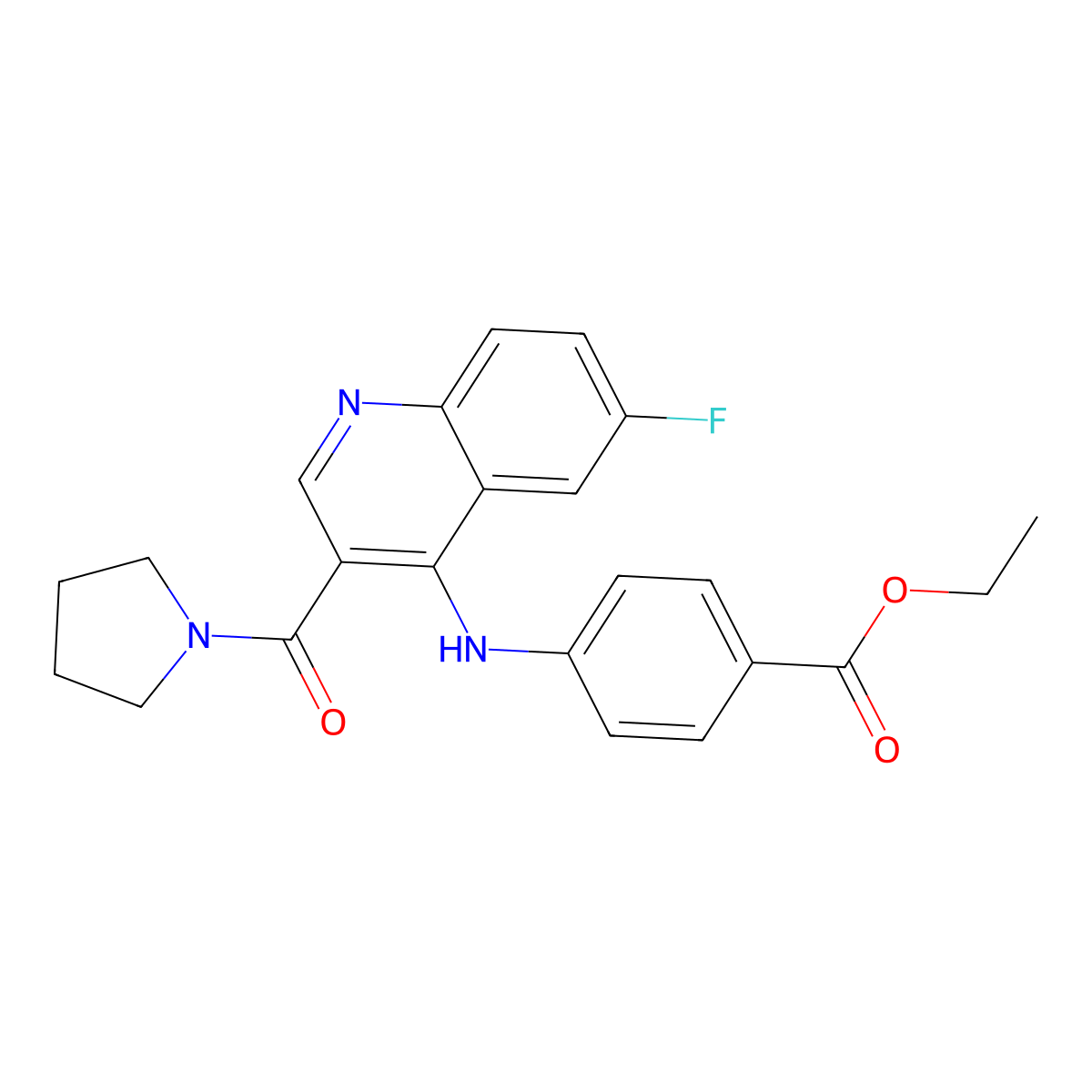 Ethyl 4-{[6-fluoro-3-(pyrrolidine-1-carbonyl)quinolin-4-YL]amino}benzoate molecular structure, CAS 1358236-79-9