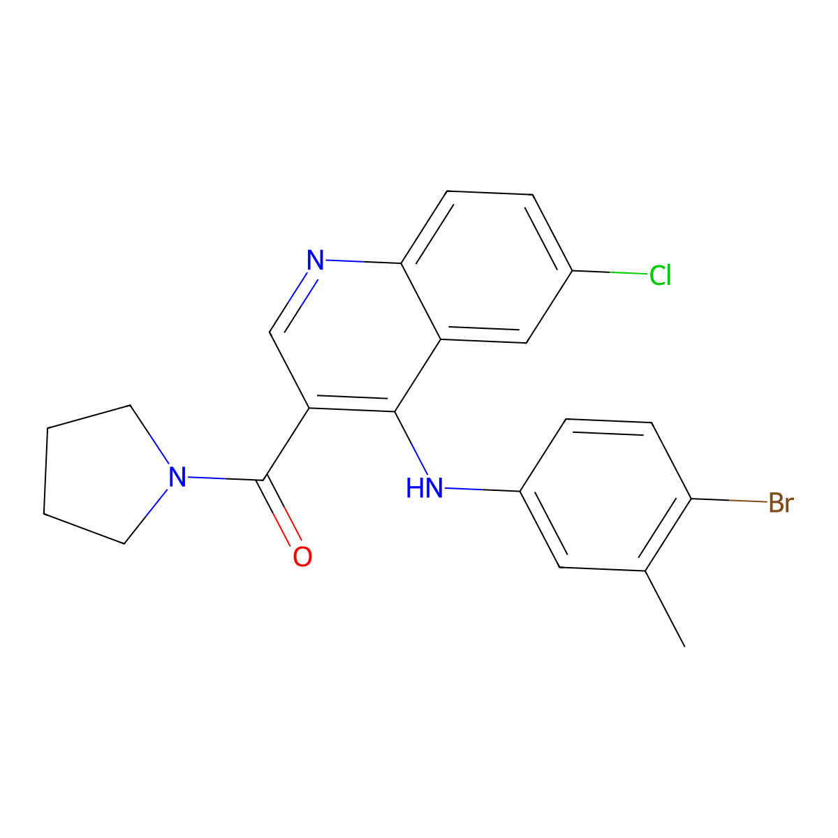 (4-((4-Bromo-3-methylphenyl)amino)-6-chloroquinolin-3-yl)(pyrrolidin-1-yl)methanone molecular structure, CAS 1358236-88-0