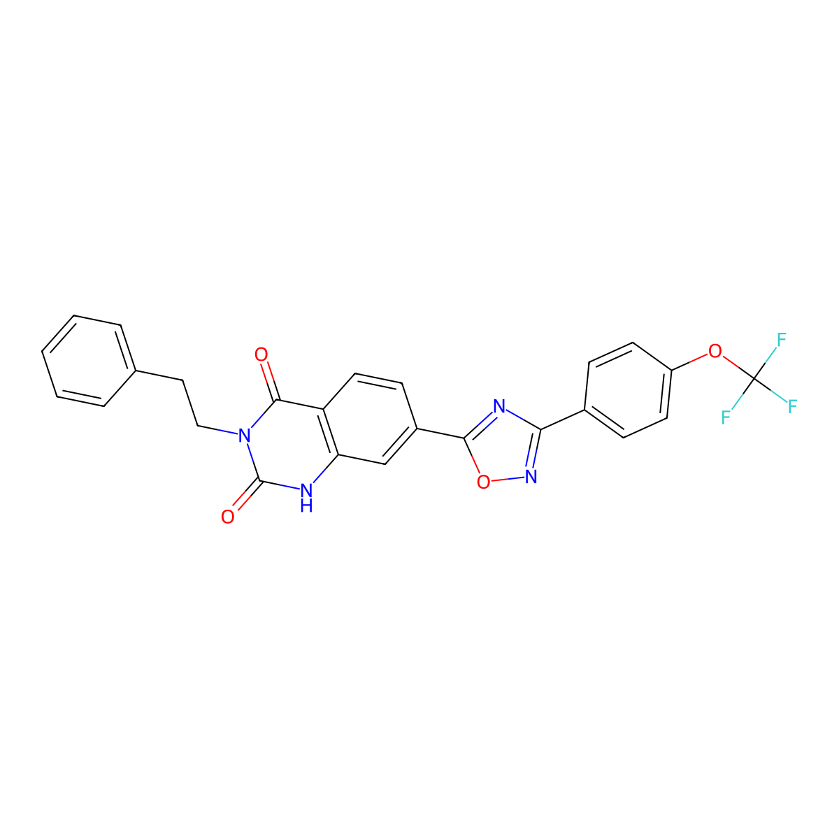 3-phenethyl-7-(3-(4-(trifluoromethoxy)phenyl)-1,2,4-oxadiazol-5-yl)quinazoline-2,4(1H,3H)-dione molecular structure, CAS 1358245-72-3