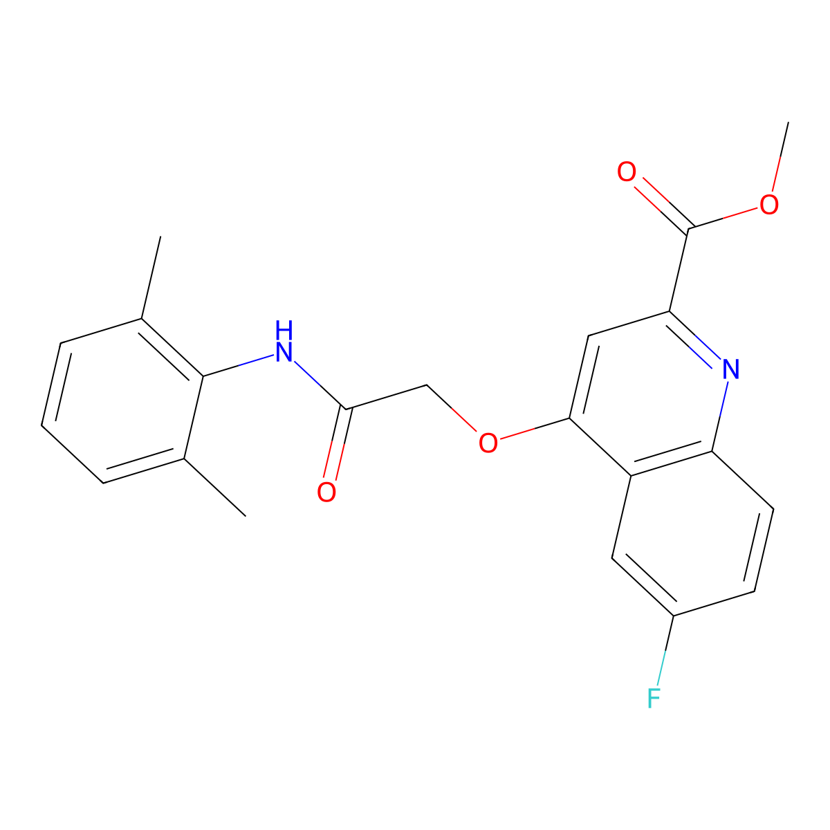 Methyl 4-(2-((2,6-dimethylphenyl)amino)-2-oxoethoxy)-6-fluoroquinoline-2-carboxylate molecular structure, CAS 1358248-54-0