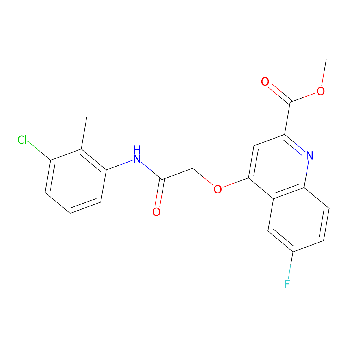 Methyl 4-(2-((3-chloro-2-methylphenyl)amino)-2-oxoethoxy)-6-fluoroquinoline-2-carboxylate molecular structure, CAS 1358248-62-0