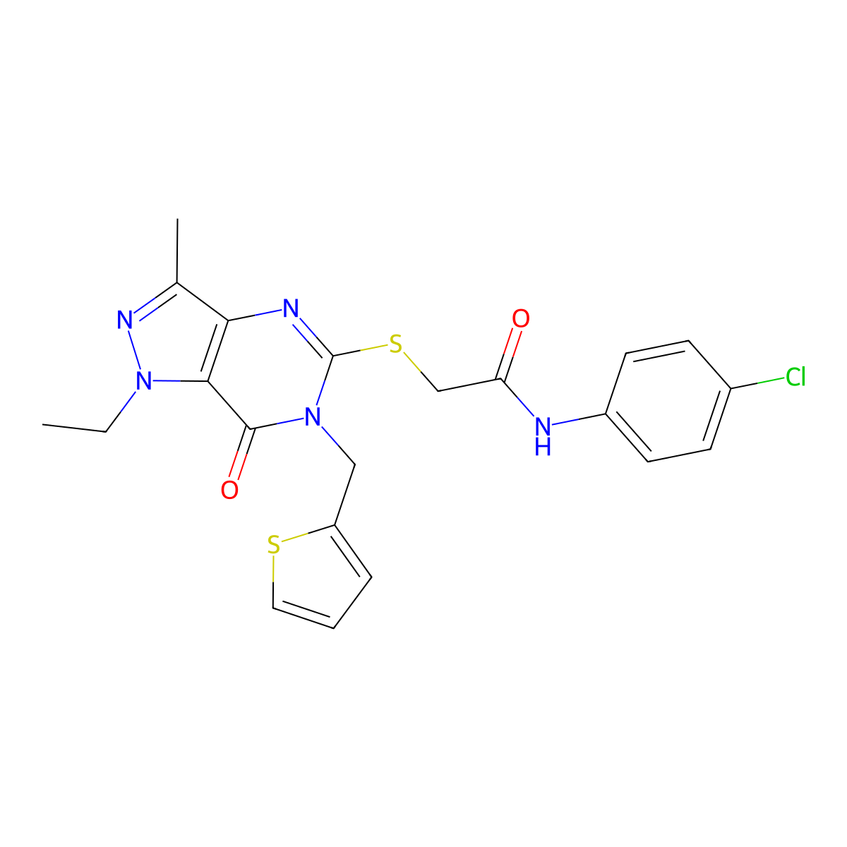 N-(4-chlorophenyl)-2-((1-ethyl-3-methyl-7-oxo-6-(thiophen-2-ylmethyl)-6,7-dihydro-1H-pyrazolo[4,3-d]pyrimidin-5-yl)thio)acetamide molecular structure, CAS 1358262-08-4