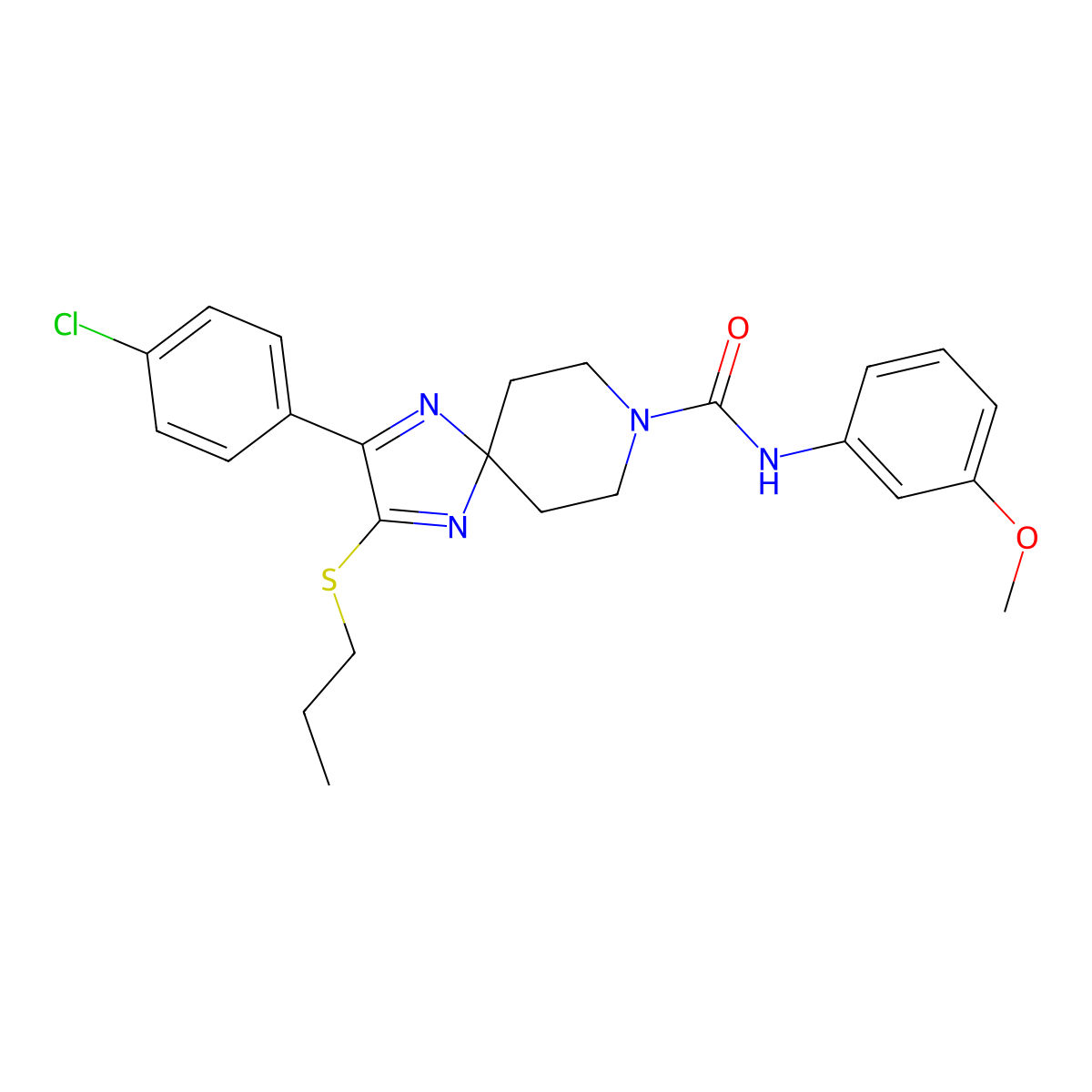 2-(4-chlorophenyl)-N-(3-methoxyphenyl)-3-(propylthio)-1,4,8-triazaspiro[4.5]deca-1,3-diene-8-carboxamide molecular structure, CAS 1358262-40-4
