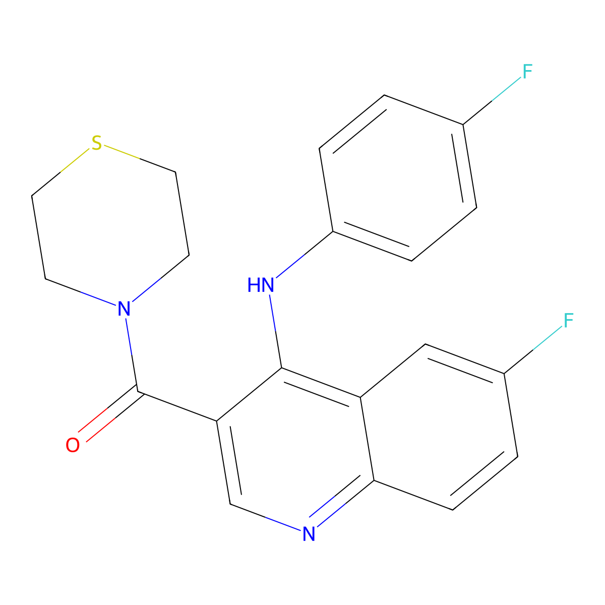 (6-Fluoro-4-((4-fluorophenyl)amino)quinolin-3-yl)(thiomorpholino)methanone molecular structure, CAS 1358266-82-6