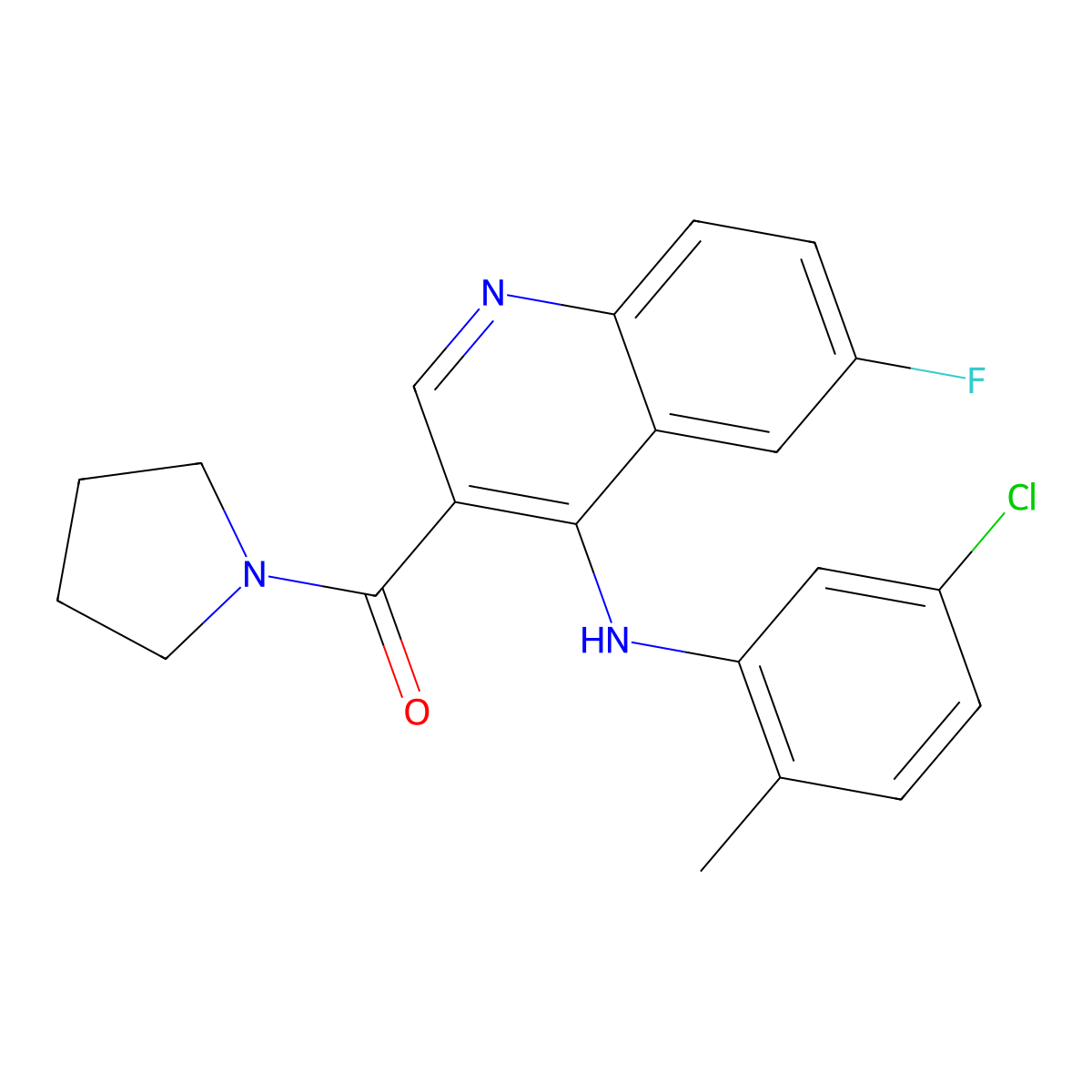 (4-((5-Chloro-2-methylphenyl)amino)-6-fluoroquinolin-3-yl)(pyrrolidin-1-yl)methanone molecular structure, CAS 1358266-98-4