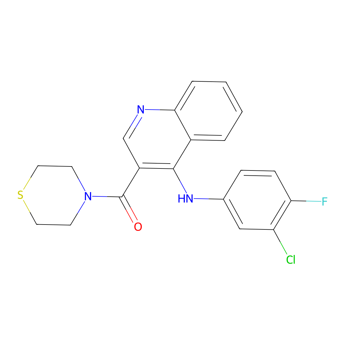 (4-((3-Chloro-4-fluorophenyl)amino)quinolin-3-yl)(thiomorpholino)methanone molecular structure, CAS 1358267-01-2
