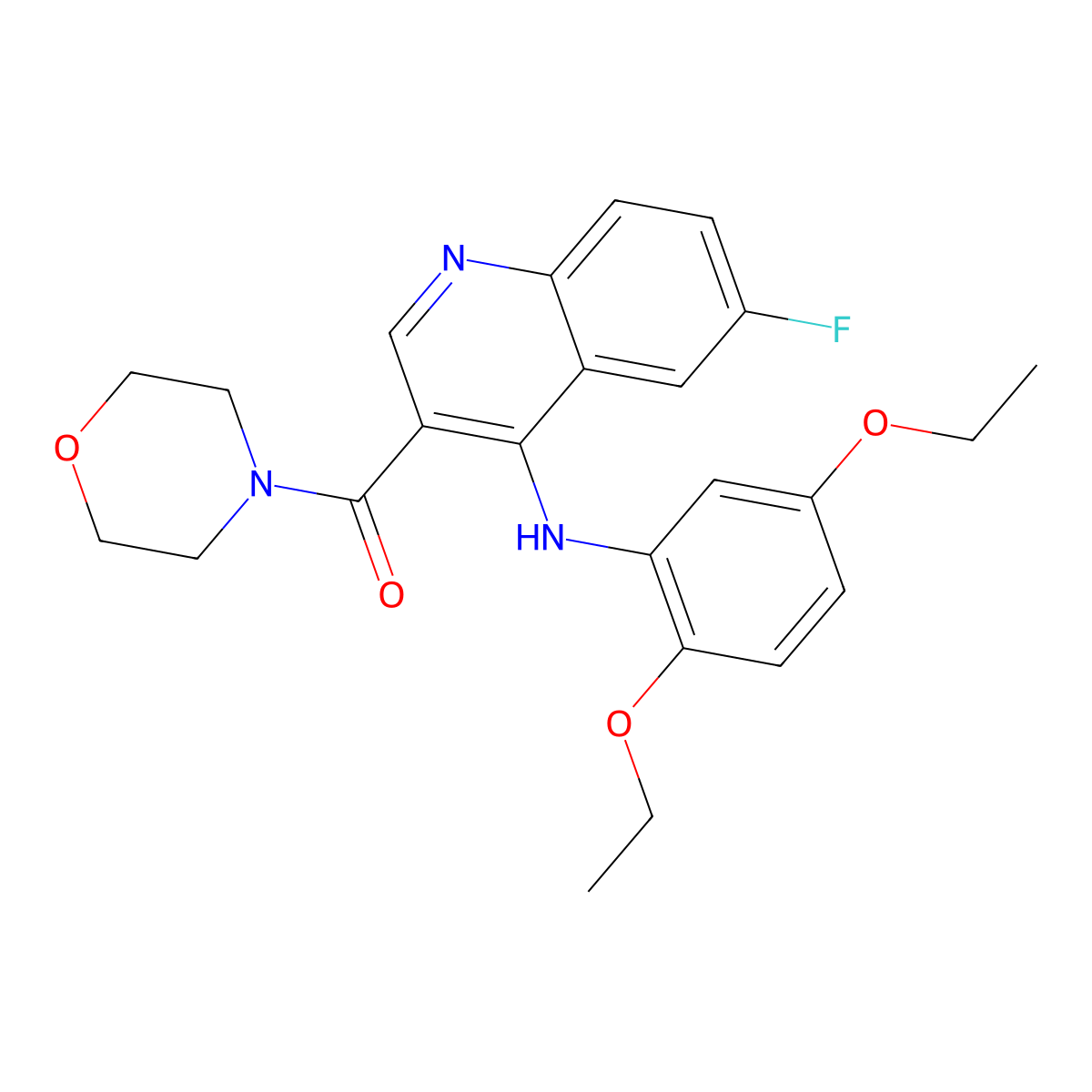(4-((2,5-Diethoxyphenyl)amino)-6-fluoroquinolin-3-yl)(morpholino)methanone molecular structure, CAS 1358267-09-0