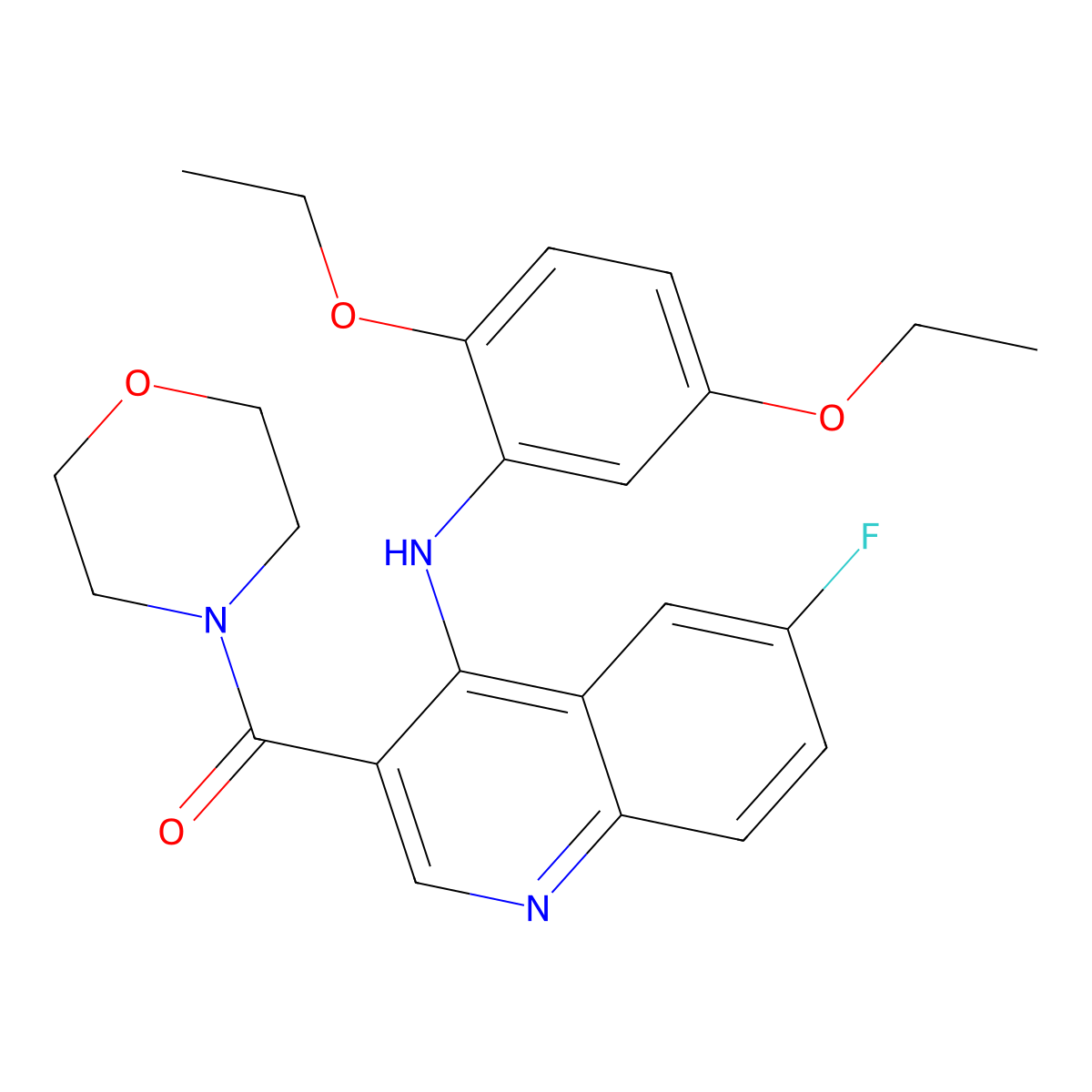 (4-((2,5-Diethoxyphenyl)amino)-6-fluoroquinolin-3-yl)(morpholino)methanone molecular structure, CAS 1358267-09-0