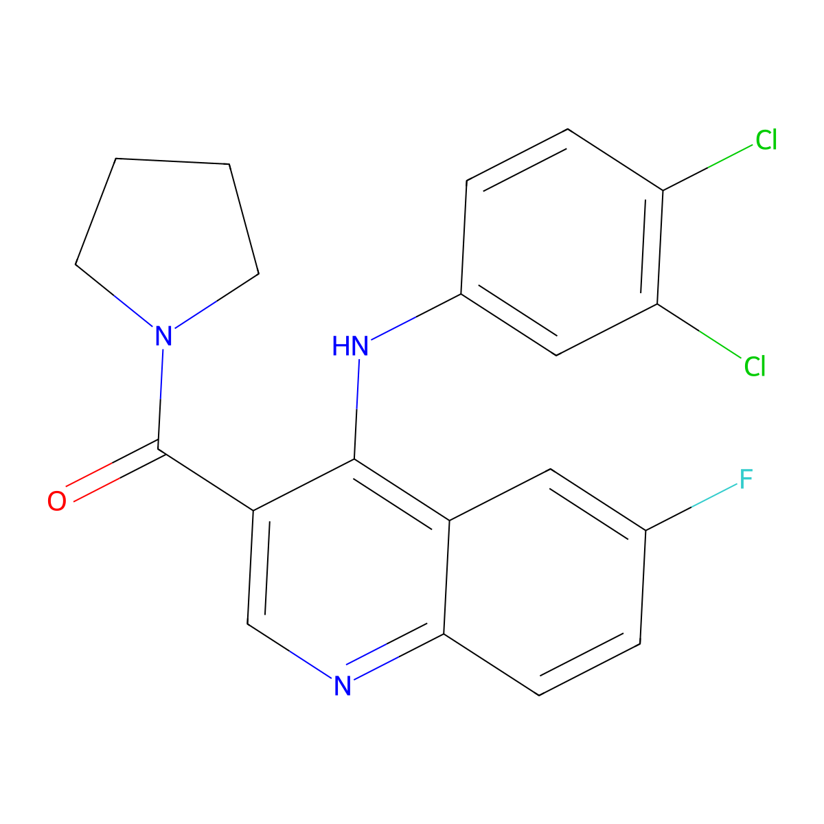 (4-((3,4-Dichlorophenyl)amino)-6-fluoroquinolin-3-yl)(pyrrolidin-1-yl)methanone molecular structure, CAS 1358267-20-5