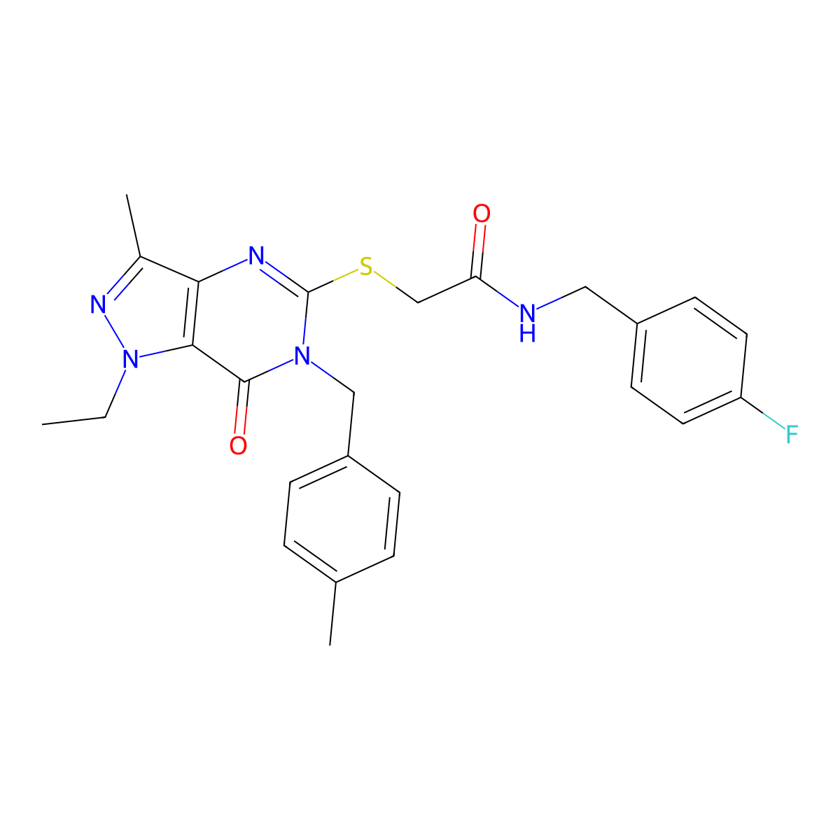 2-({1-ethyl-3-methyl-6-[(4-methylphenyl)methyl]-7-oxo-1H,6H,7H-pyrazolo[4,3-d]pyrimidin-5-yl}sulfanyl)-N-[(4-fluorophenyl)methyl]acetamide molecular structure, CAS 1358281-90-9