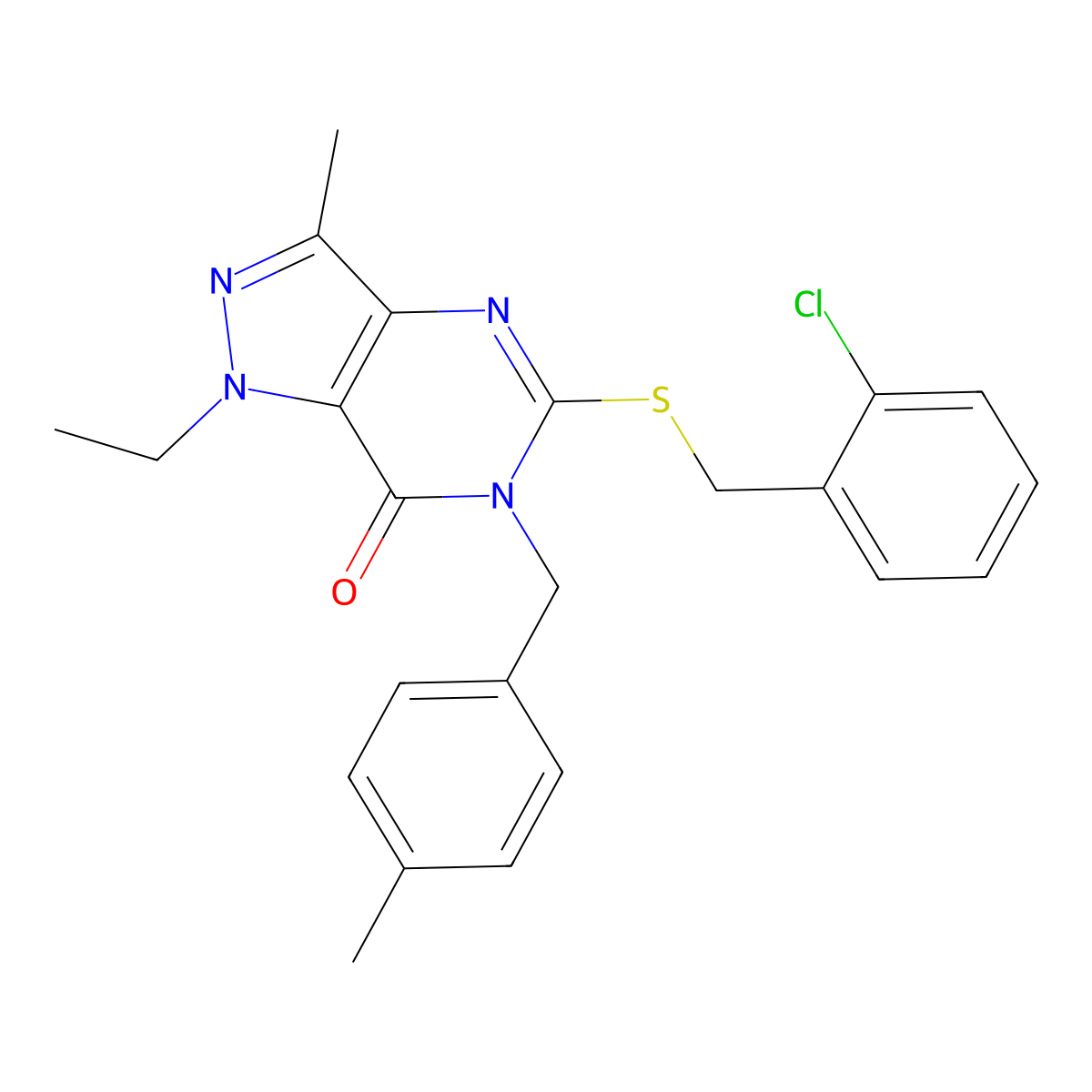 5-((2-chlorobenzyl)thio)-1-ethyl-3-methyl-6-(4-methylbenzyl)-1H-pyrazolo[4,3-d]pyrimidin-7(6H)-one molecular structure, CAS 1358282-00-4