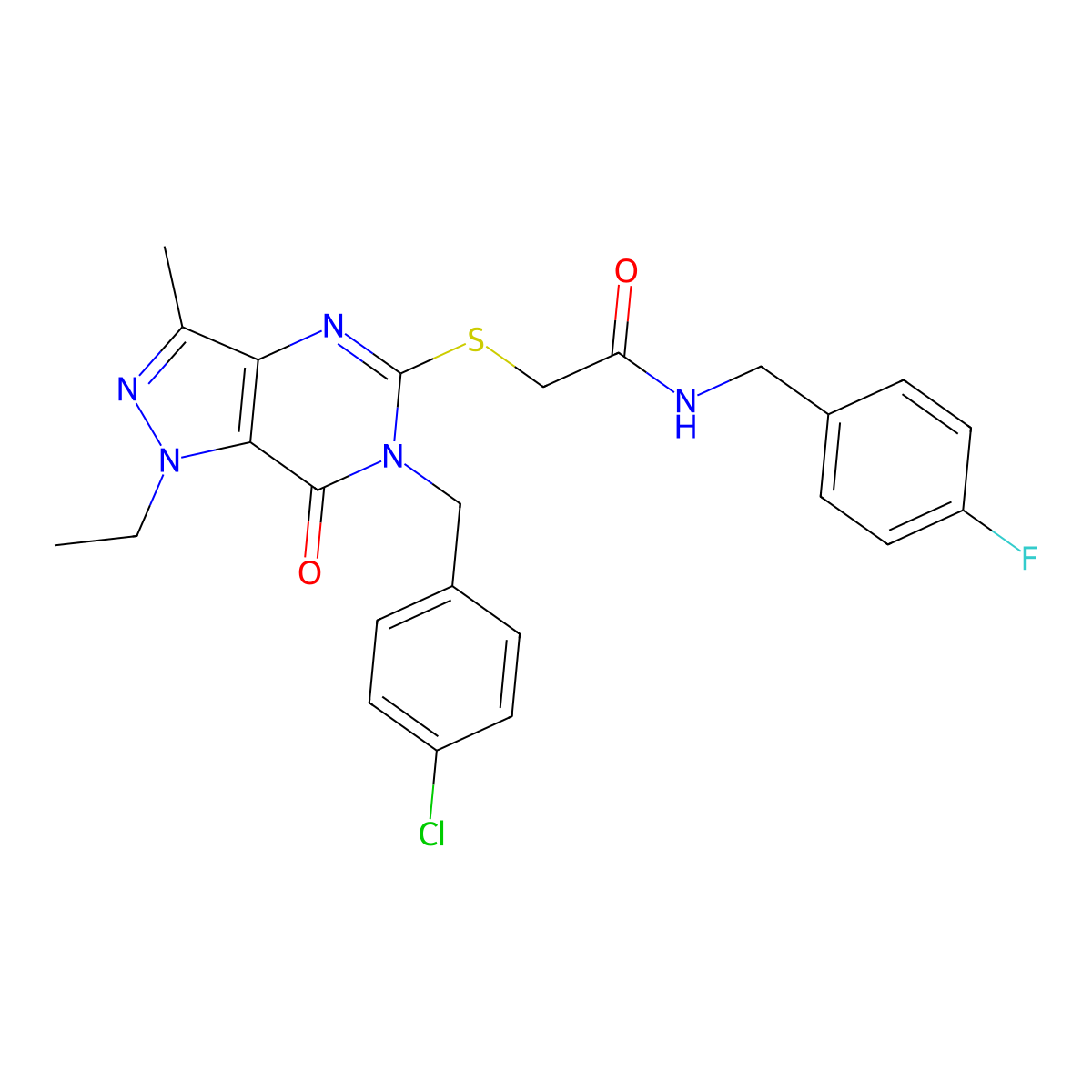 2-({6-[(4-chlorophenyl)methyl]-1-ethyl-3-methyl-7-oxo-1H,6H,7H-pyrazolo[4,3-d]pyrimidin-5-yl}sulfanyl)-N-[(4-fluorophenyl)methyl]acetamide molecular structure, CAS 1358282-17-3