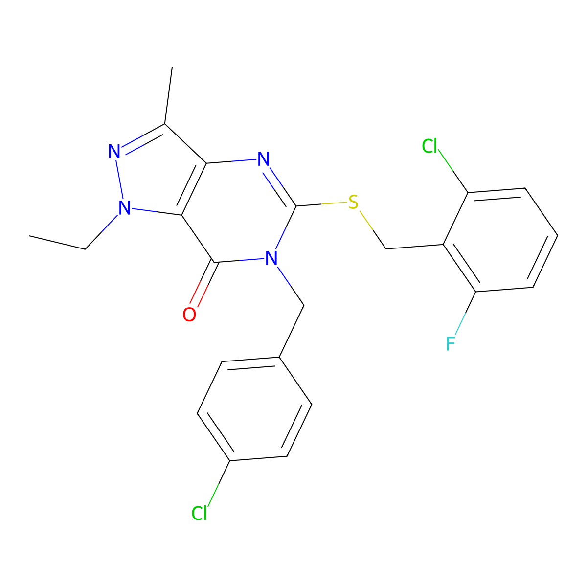 5-((2-chloro-6-fluorobenzyl)thio)-6-(4-chlorobenzyl)-1-ethyl-3-methyl-1H-pyrazolo[4,3-d]pyrimidin-7(6H)-one molecular structure, CAS 1358282-25-3