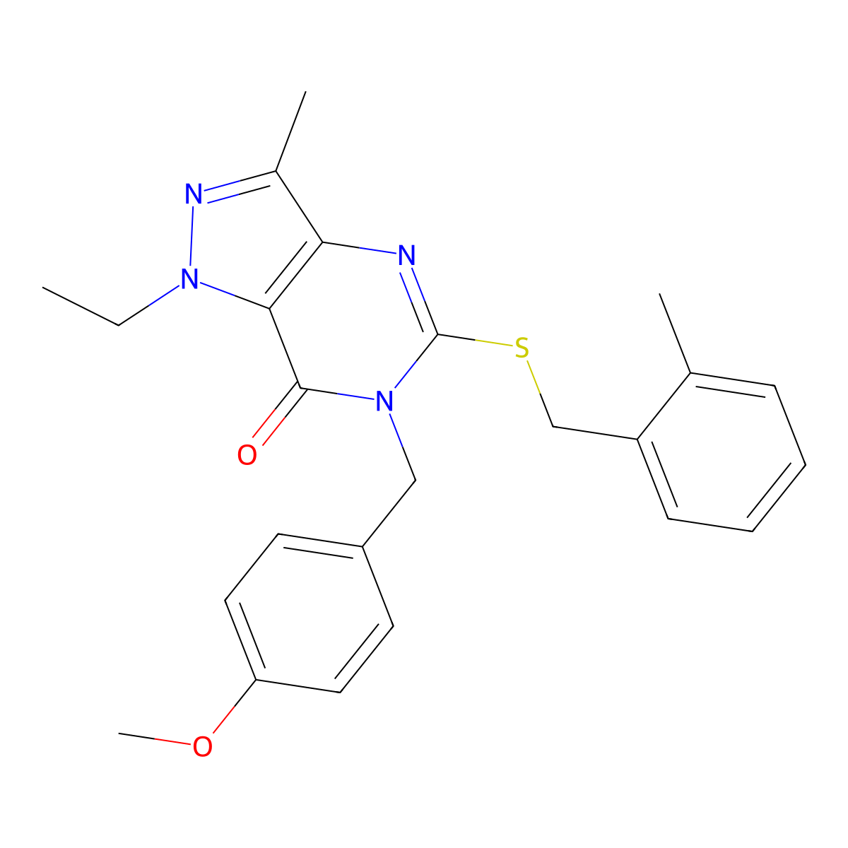 1-ethyl-6-(4-methoxybenzyl)-3-methyl-5-((2-methylbenzyl)thio)-1H-pyrazolo[4,3-d]pyrimidin-7(6H)-one molecular structure, CAS 1358282-50-4