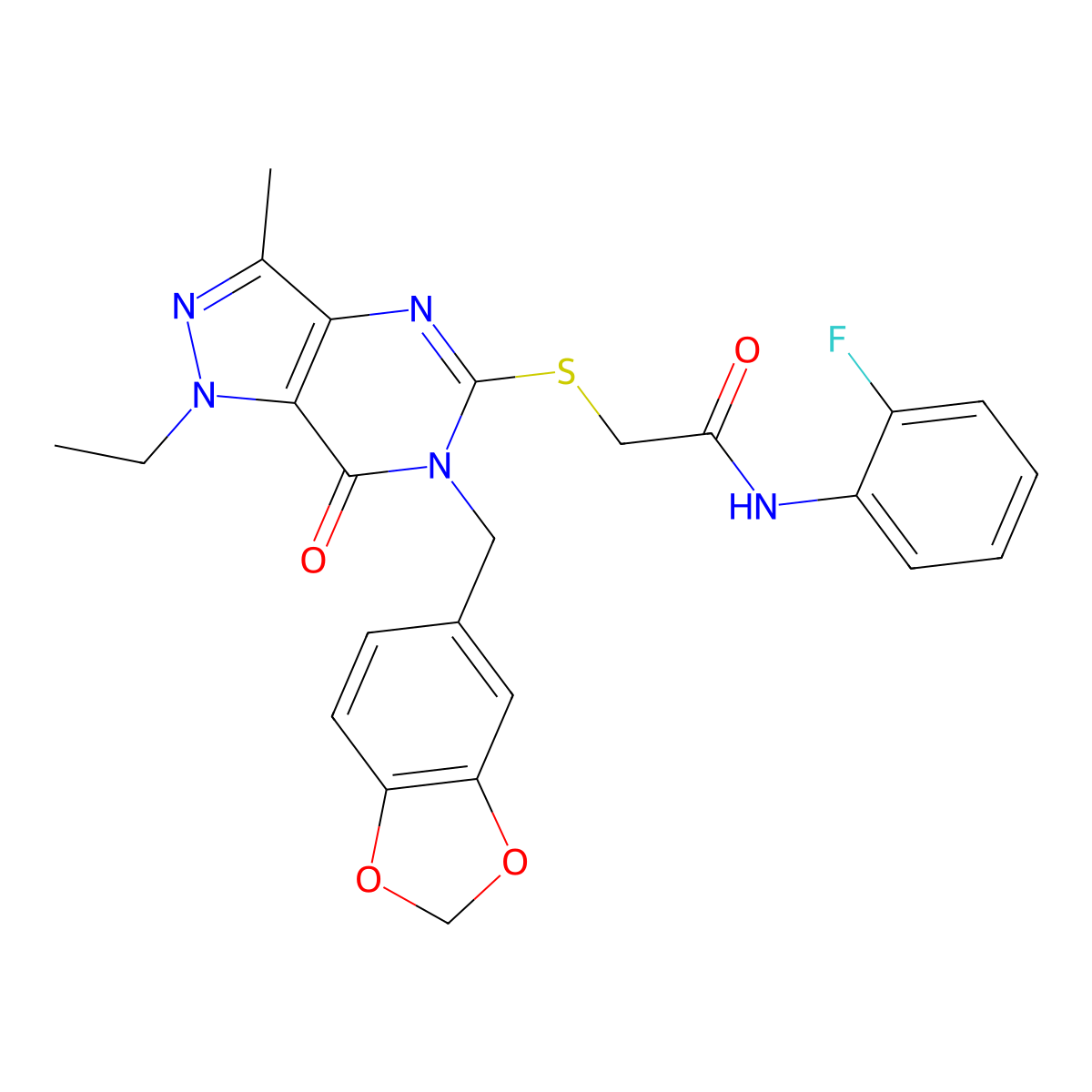 2-((6-(benzo[d][1,3]dioxol-5-ylmethyl)-1-ethyl-3-methyl-7-oxo-6,7-dihydro-1H-pyrazolo[4,3-d]pyrimidin-5-yl)thio)-N-(2-fluorophenyl)acetamide molecular structure, CAS 1358283-15-4