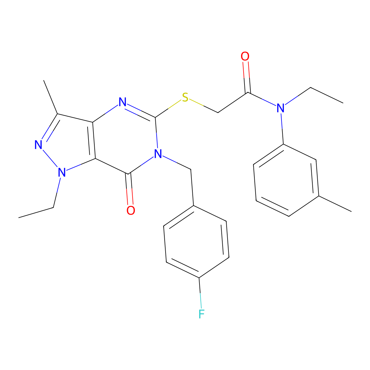 N-ethyl-2-({1-ethyl-6-[(4-fluorophenyl)methyl]-3-methyl-7-oxo-1H,6H,7H-pyrazolo[4,3-d]pyrimidin-5-yl}sulfanyl)-N-(3-methylphenyl)acetamide molecular structure, CAS 1358283-33-6
