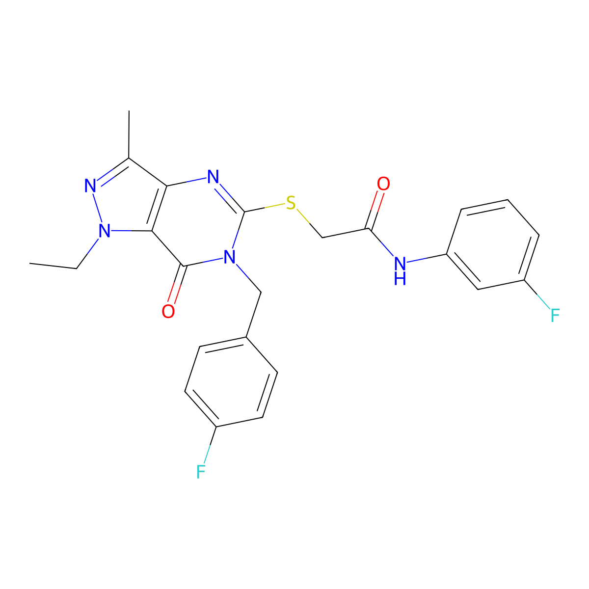 2-({1-ethyl-6-[(4-fluorophenyl)methyl]-3-methyl-7-oxo-1H,6H,7H-pyrazolo[4,3-d]pyrimidin-5-yl}sulfanyl)-N-(3-fluorophenyl)acetamide molecular structure, CAS 1358283-50-7