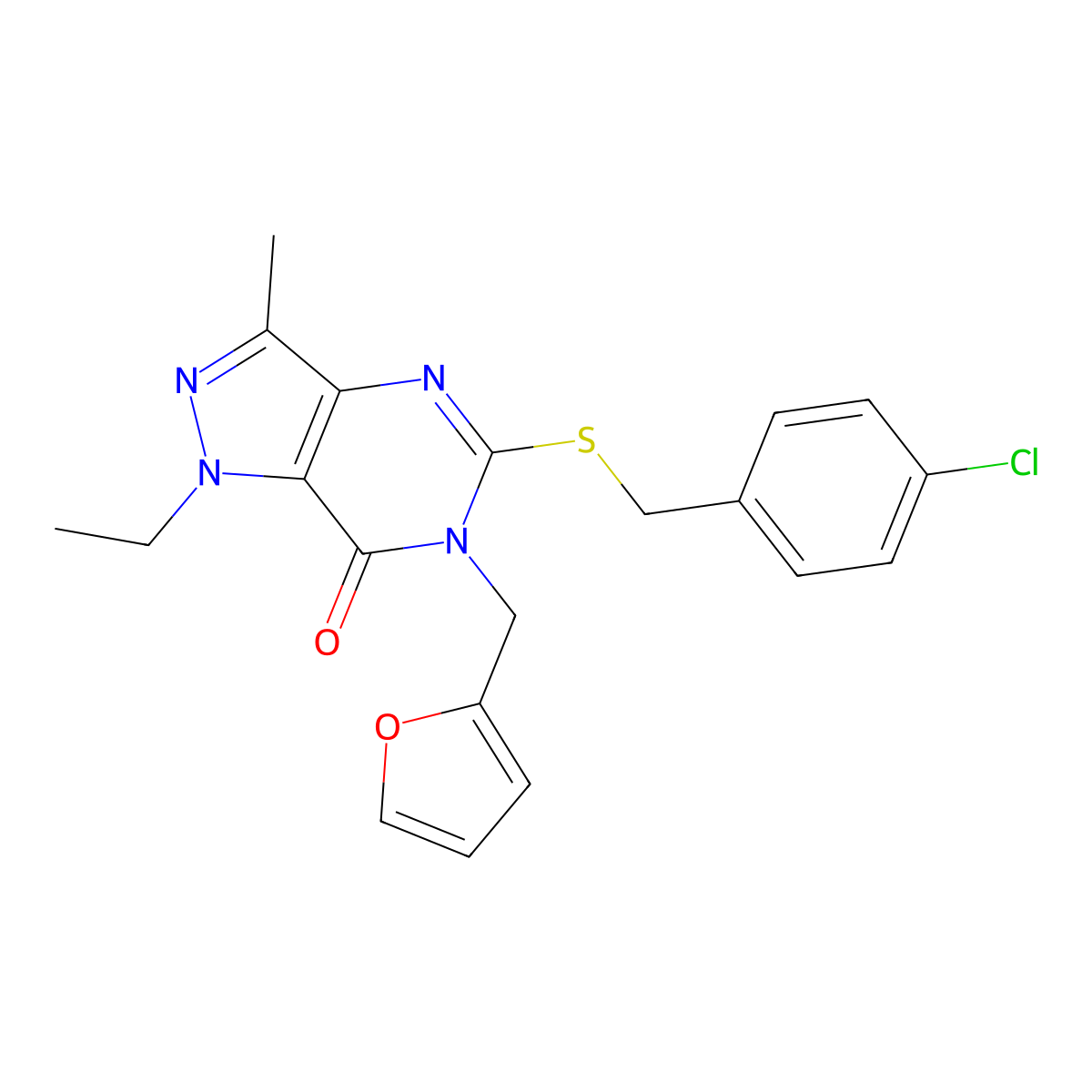 5-((4-chlorobenzyl)thio)-1-ethyl-6-(furan-2-ylmethyl)-3-methyl-1H-pyrazolo[4,3-d]pyrimidin-7(6H)-one molecular structure, CAS 1358283-59-6